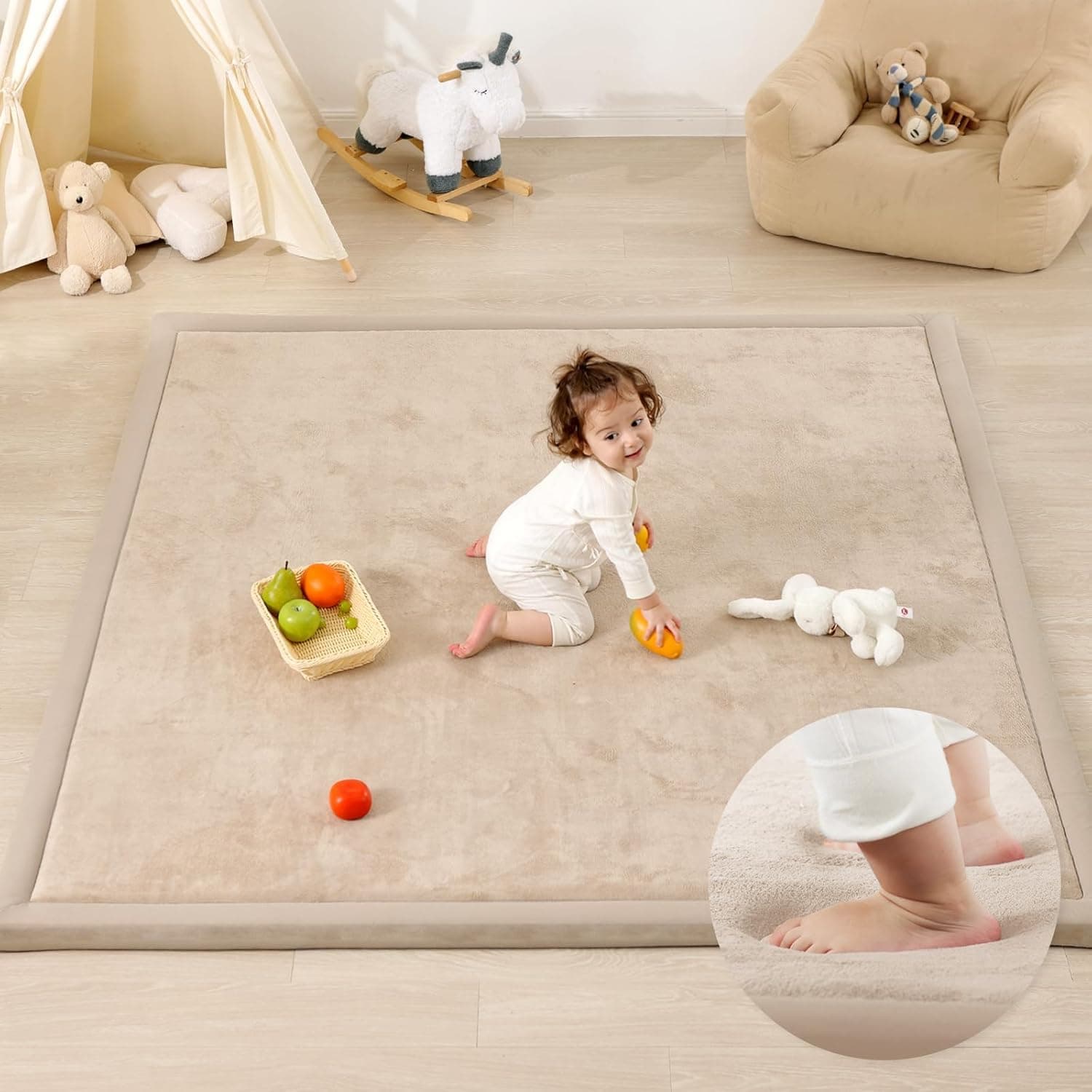 Baby Play Mats for Floor, Thick 3 CM Playpen Mat, Ultra Soft Tummy Time Mat, Easy Care with Non-Slip Cushioned for Infan, Beige/Grey