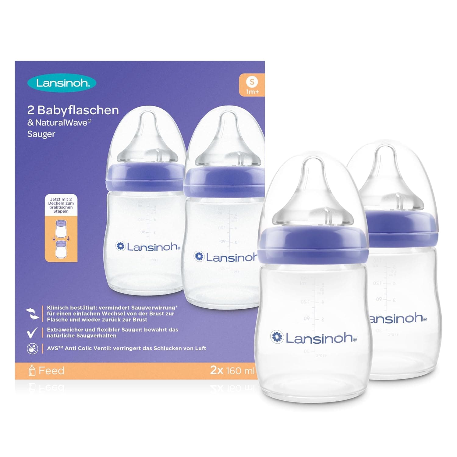 Lansinoh I PP Natural Wave Bottle 2 x 160 ml | Bottle for babies from 1 month, anti-colic valve, BPA free, also suitable for infants