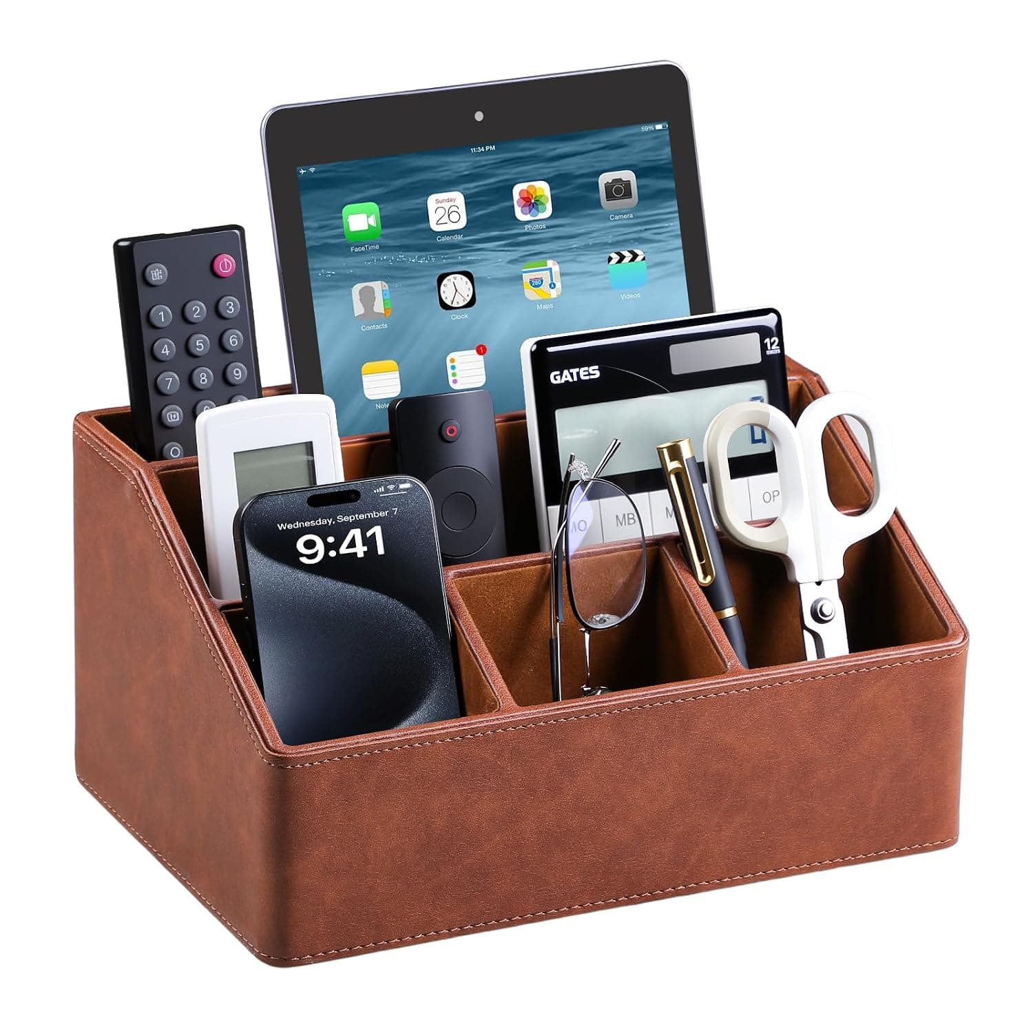 PU Leather Desk Organizer with Coaster, Luxury Office Supplies Remote Control Holder for Office Desk, Side Table, End table, Bedside Organizer Gifts for Men (Brown)