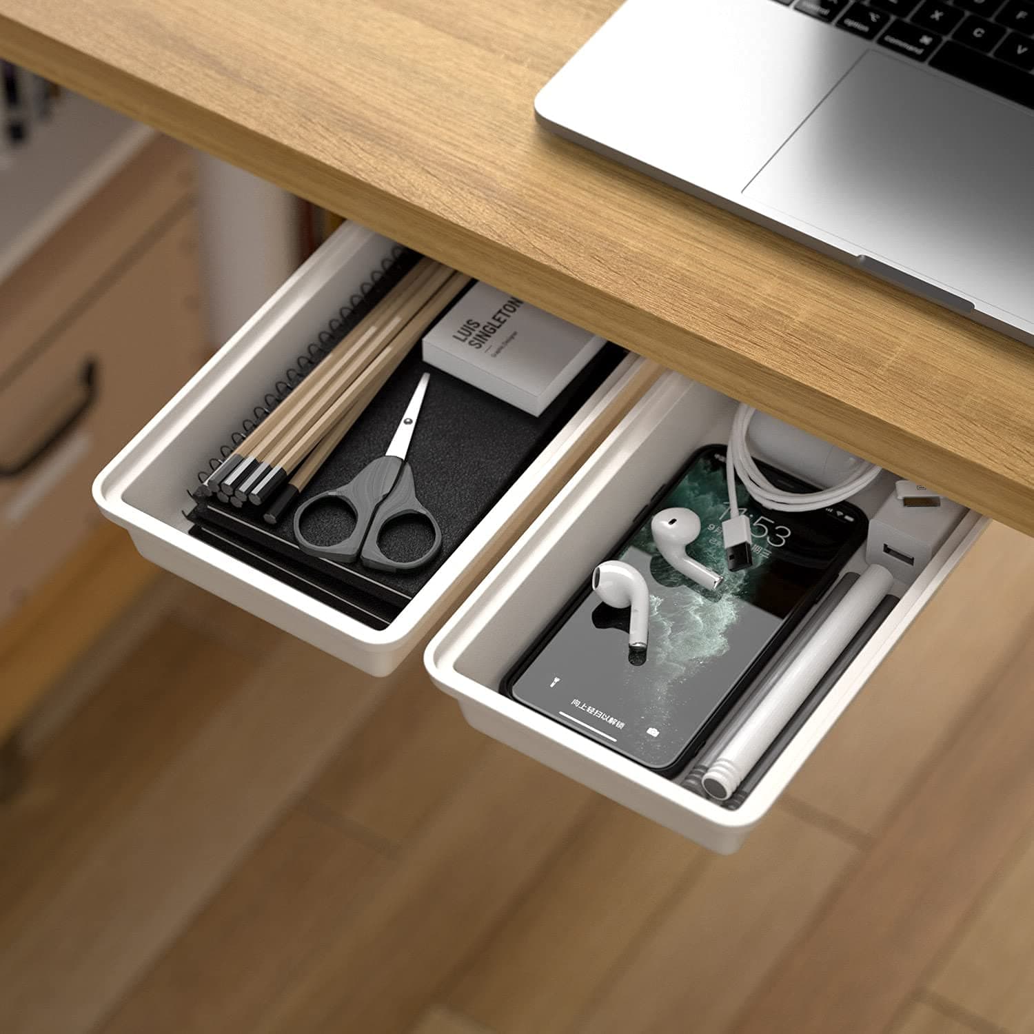 SVNNELP Hidden Under Table Desk Drawer Storage Organizer 2 Pack, Self-Adhesive Under Office Desktop Pencil Tray, Under Table Storage Tray for Kitchen