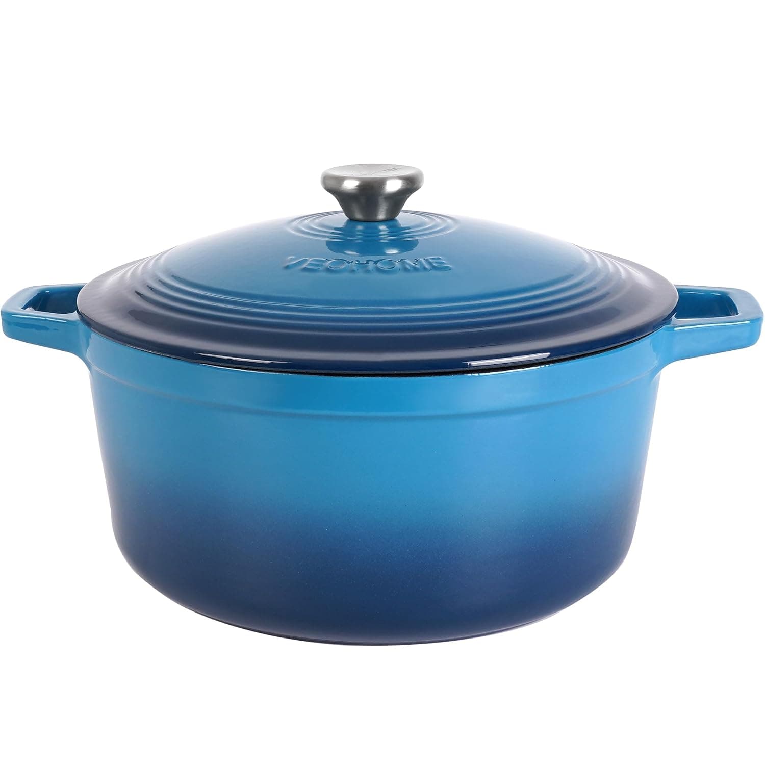 VeoHome Enamelled Cast Iron Casserole 6L, Heavy Duty Dutch Oven, Induction/Gas/Oven Compatible Stove, Homogeneous Cooking, Authentic Flavours, Embossed Lid (Blue, Round 6 Litres (28 cm))