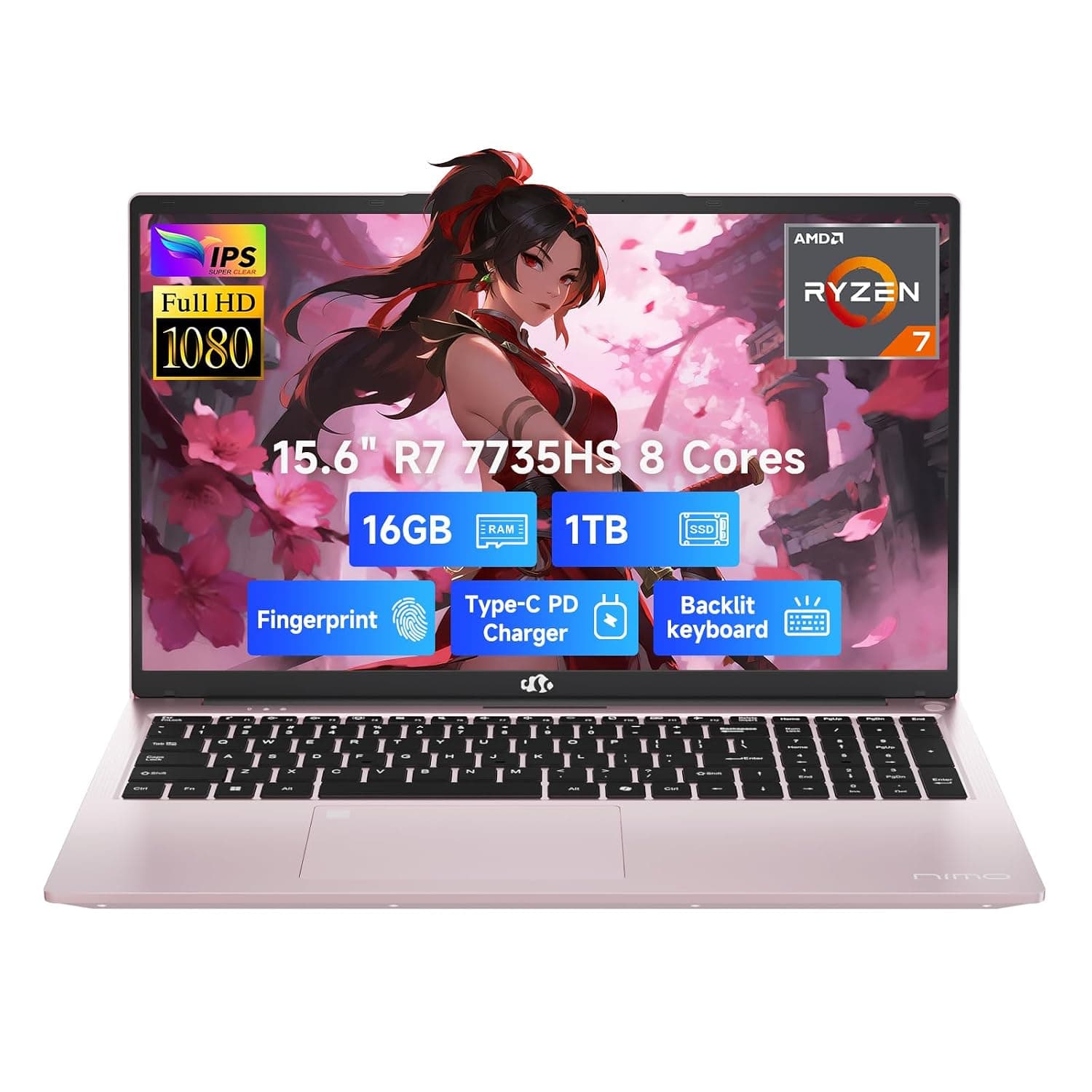 NIMO 15.6" IPS FHD-Gaming-Laptop, AMD 8 Cores Ryzen 7 7735HS 16GB DDR5 RAM 1TB SSD (Beats i7-12650H) Computer with Radeon 680M 100W Type-C Backlit Keyboard Fingerprint, for Gaming Business