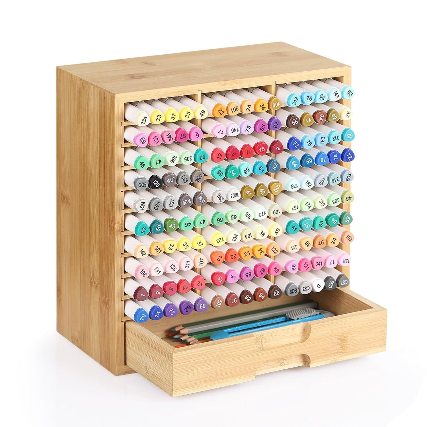 AUTOARK Bamboo Marker Organizer for 150 Markers,Desktop Storage Hold with drawers,Art Markers Pens Pencils Art Brushes Stationary Organizer Marker Pen Holder,AHK-060
