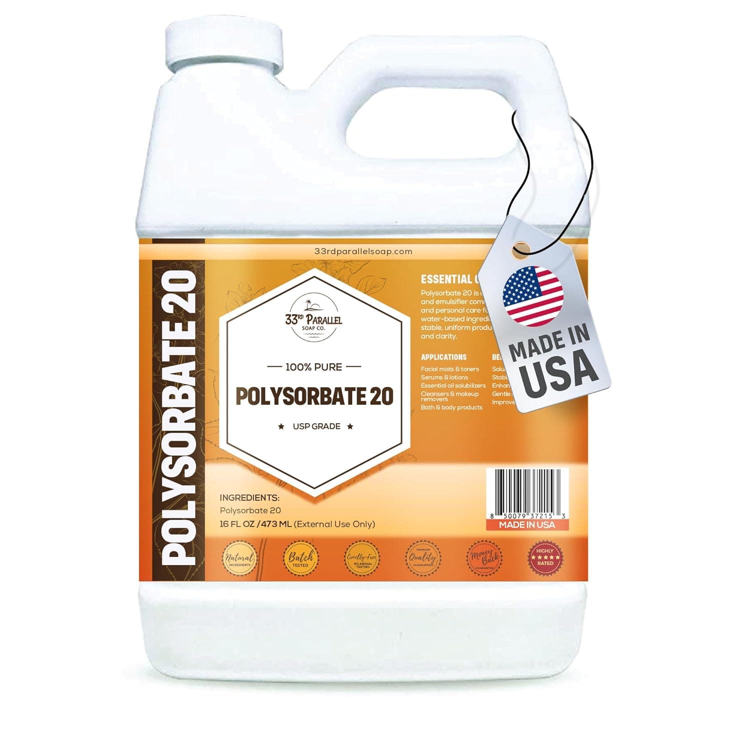 Polysorbate 20 (16oz) | Tween 20 Gentle Natural Emulsifier & Solubilizer for Essential Oils, Fragrances, Sprays, Lotions, Shampoos & Bath Products | Improves Stability & Clarity | 16 OUNCES