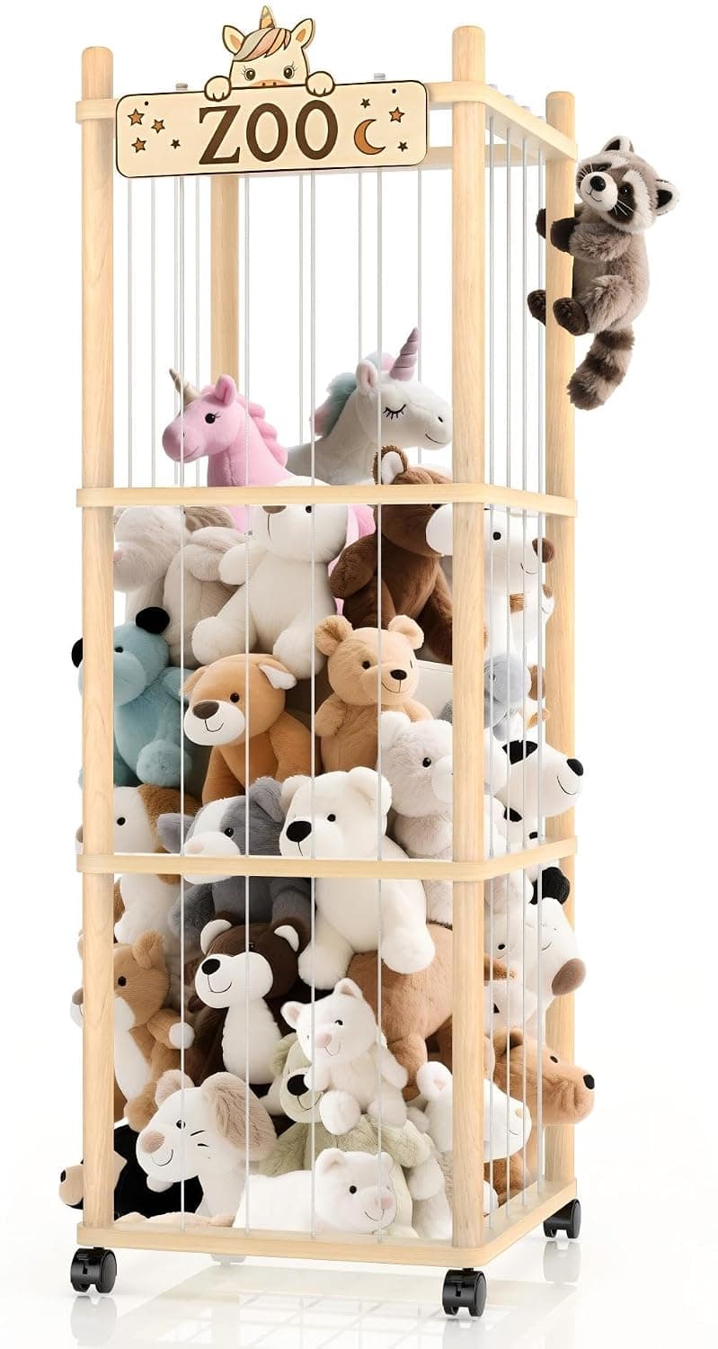 Stuffed Animal Storage Zoo Tower,142.5cm Wooden Large Stuffed Animal Holder Organizer with Wheels,Stuffy Plushies Storage with Elastic Band&Mesh Bottom,Toy Storage Organizers for Playroom Bedr