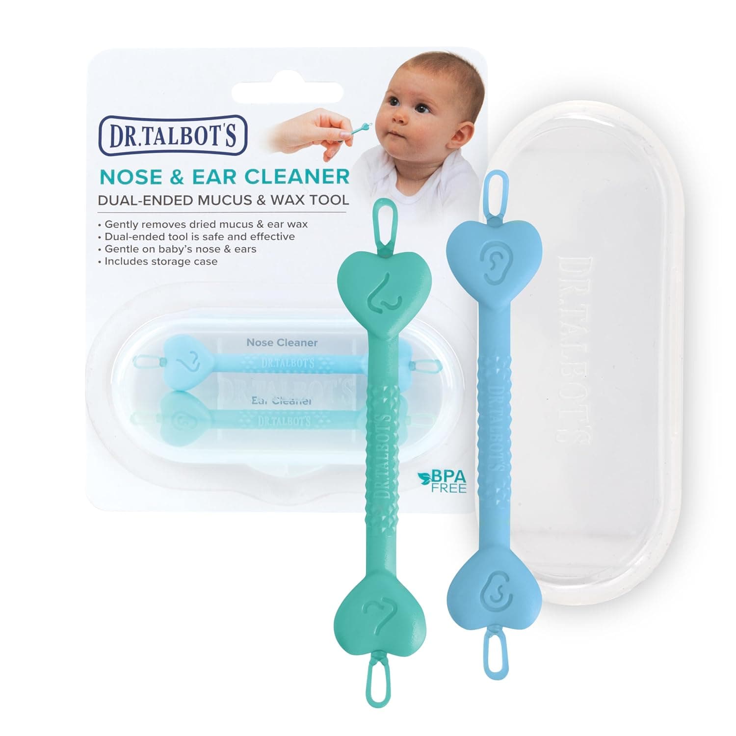 Dr. Talbot’s Baby Safe Nose and Ear Cleaner Set with Hygienic Travel Case, Gentle Dual-Ended Easy Mucus and Wax Remover Tool, 2 Pack, Neutral Colors | BPA Free - Includes Travel Case - Boy