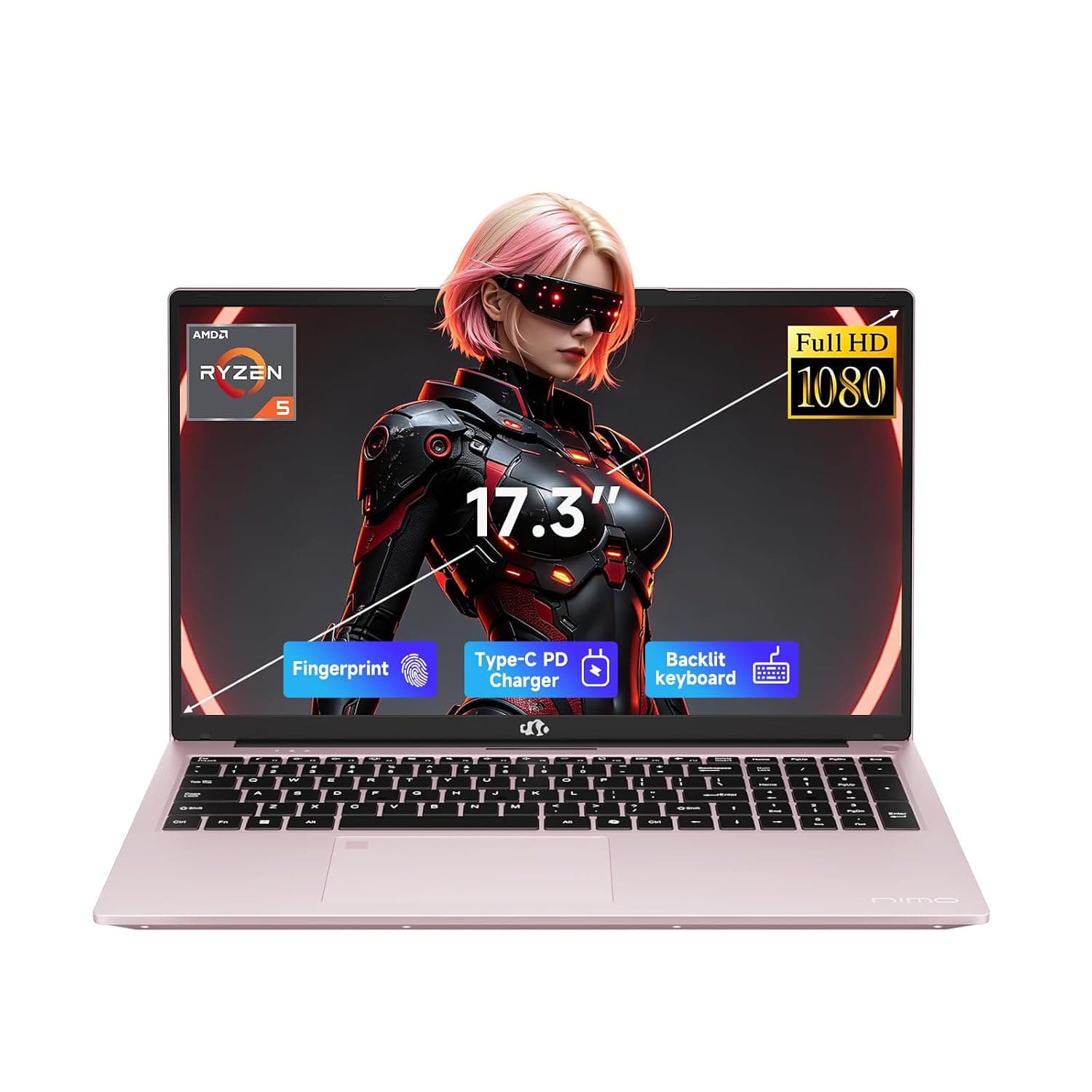 NIMO 17.3 Gaming-Laptop Ryzen 9 8945HS (Beat i9-13900H, Up to 5.2GHz) 16GB RAM, 512GB SSD, Radeon 780M, PD 100W Type-C AI-Enhanced for Copilot VR Ready, Backlit Keyboard, Fingerprint, 180°Viewing