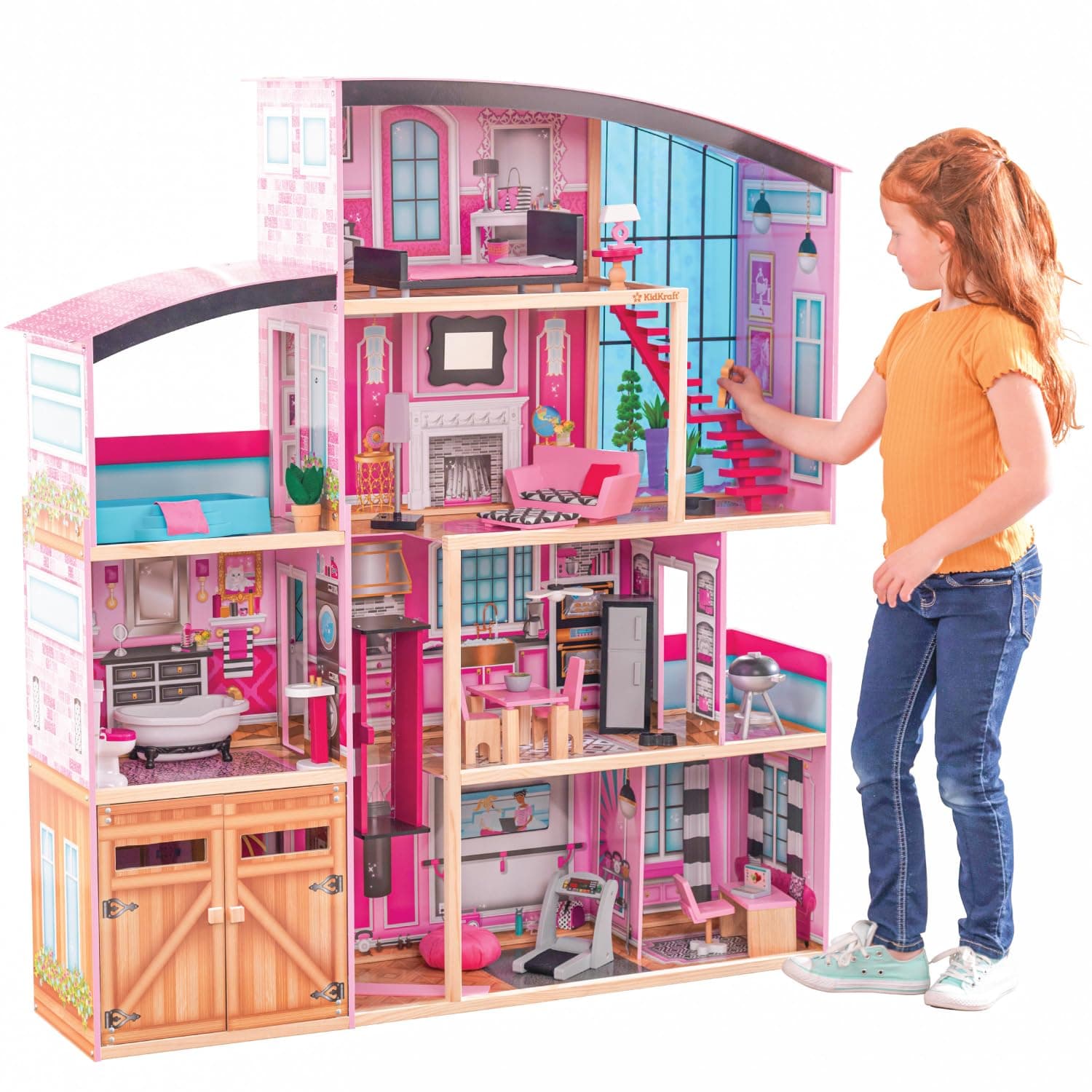 KidKraft 65949 Shimmer Mansion wooden dollhouse with 4 levels of play and 30 accessories included