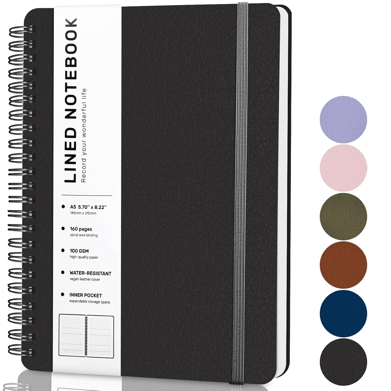 Lined Spiral Journal Notebook, A5 Hardcover Leather Notebook for Work, 5.7''×8.2'', 100GSM Thick Paper Spiral Bound Journaling Notebooks for Women & Men Office School Note Taking Business, Black