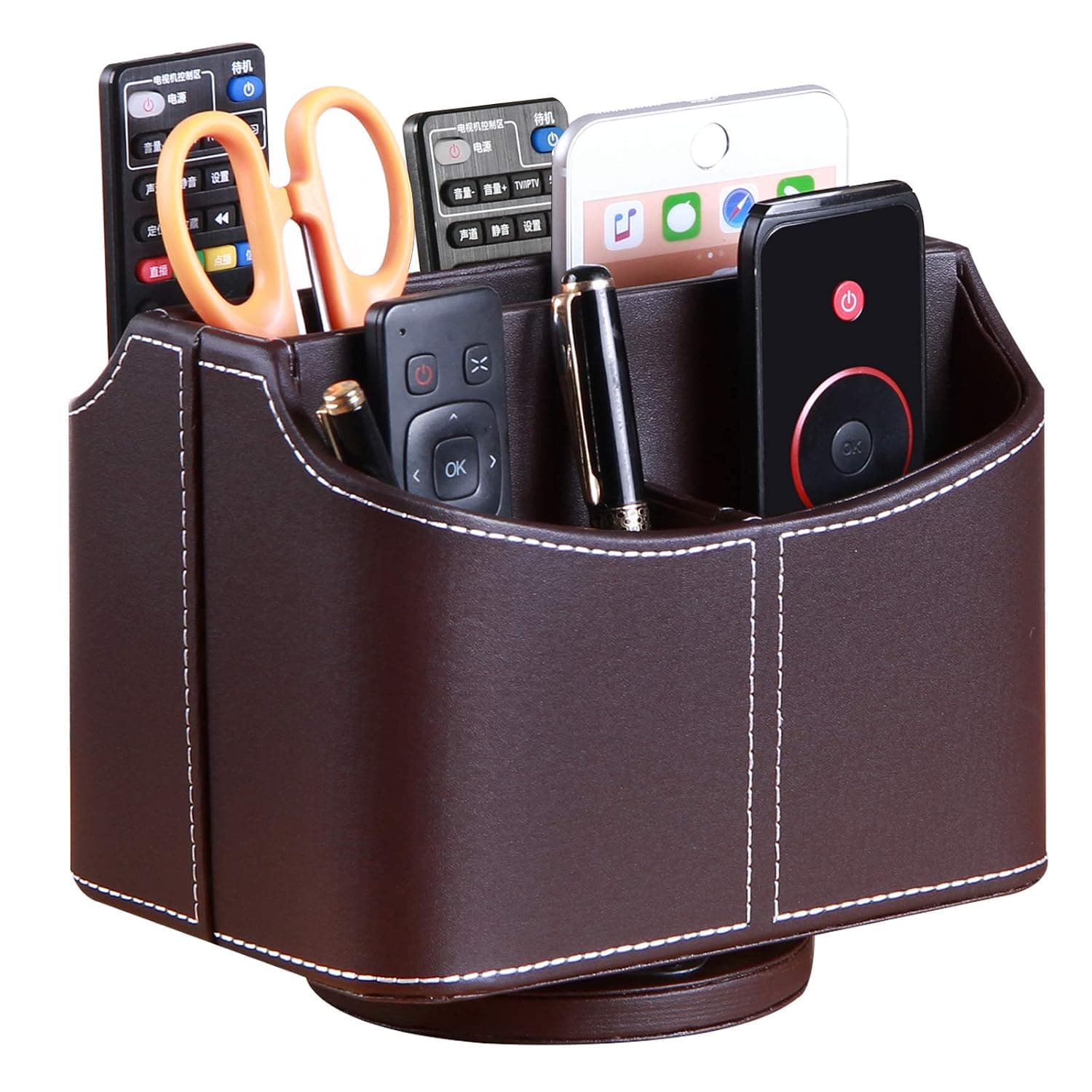 PUSU 360°Rotatable Remote Control Holder, PU Leather TV Remote Holder Caddy for Table, Art Supply Organizer Pen Holder, Multi-Functional Desk Organizer Living Room Office Decor