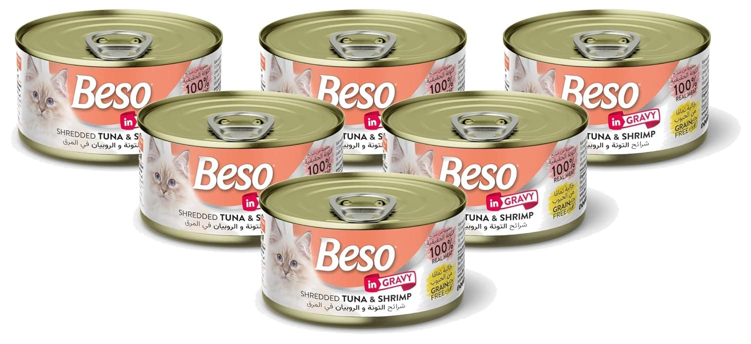 Beso Shredded Tuna & Shrimp in Gravy for Adult Cats, Grain-Free Wet Cat Food | 100% Real Meat | 6 × 85g