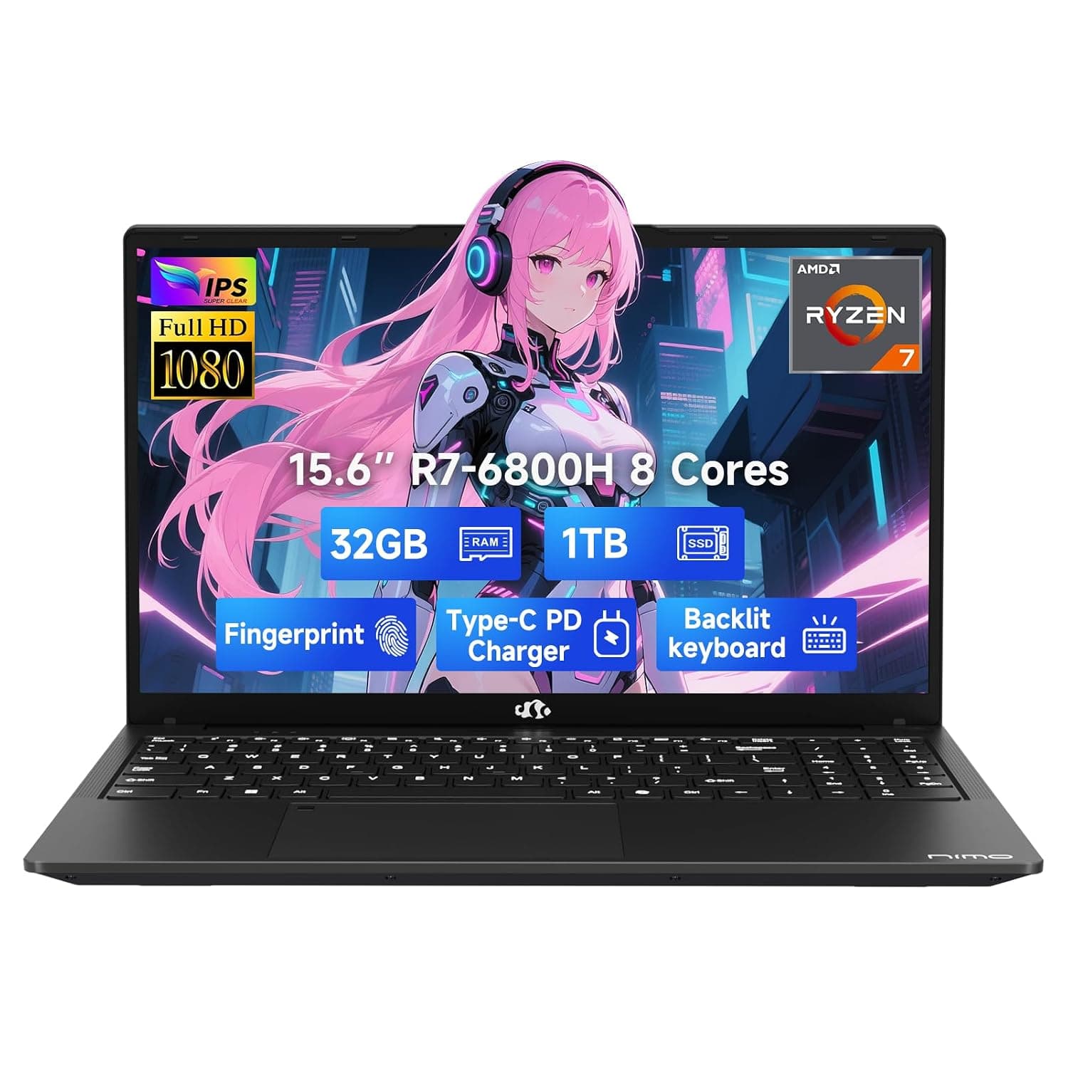 nimo 15.6" IPS FHD-Gaming-Laptop, 8 Cores AMD Ryzen 7 6800H 32GB DDR5 RAM 1TB SSD (Beat Intel i7-12700H, Up to 4.7GHz) AMD Radeon 680M GPU-Computer with 100W GaN Type-C Backlit Keyboard Fingerprint