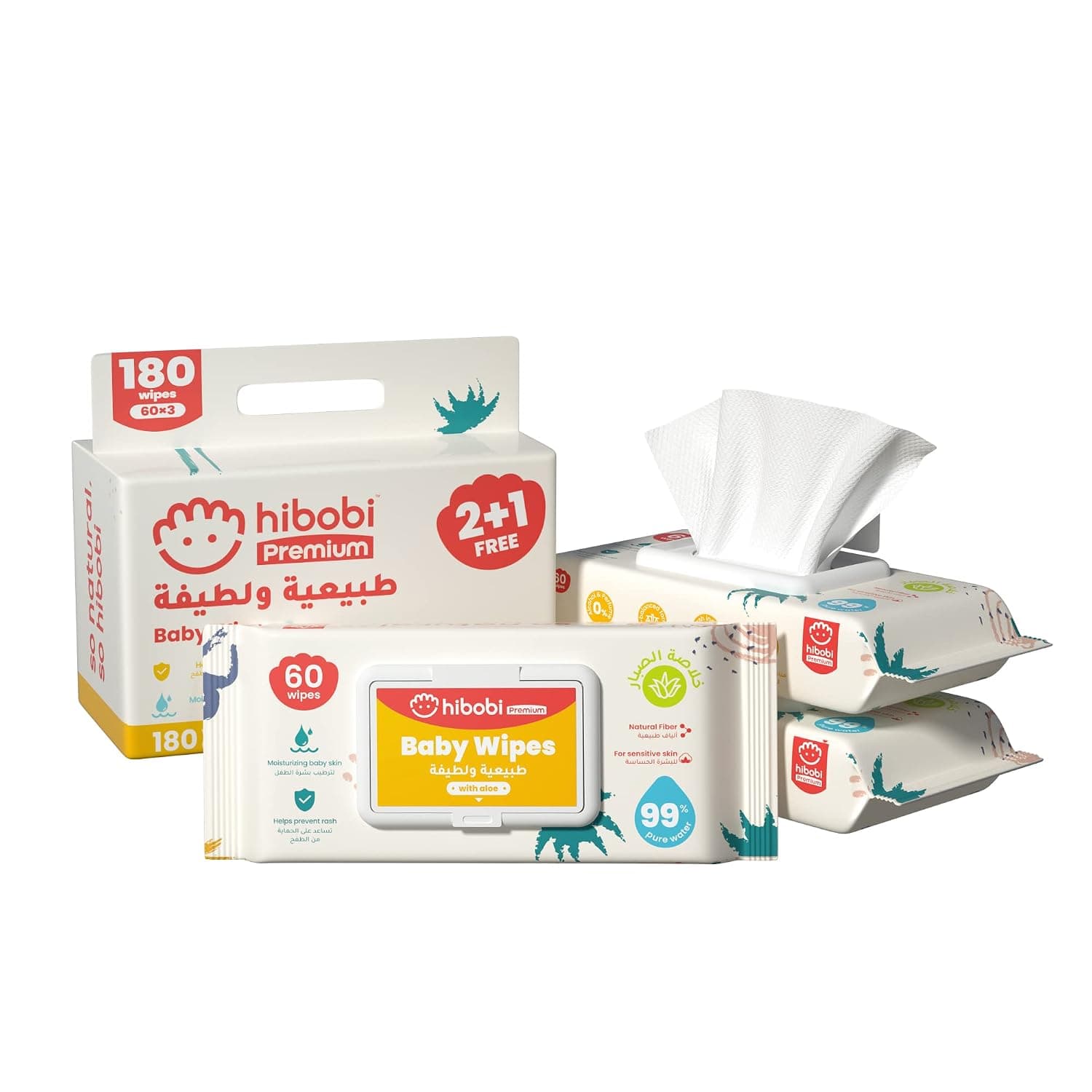 hibobi Baby Wipes with Aloe - Cleansing Baby Refresh Wipes, 180 Baby Wet Wipes(2+1 Packs)