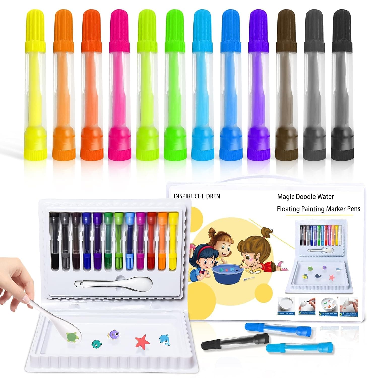 Magic Floating Drawing Pen Bundle, 12-Color Water Drawing Markers with Ceramic Spoon, DIY Puffy Magic Pens for Kids Art Craft, Creative Water Floating Drawing Toys Gift for Boys Girls