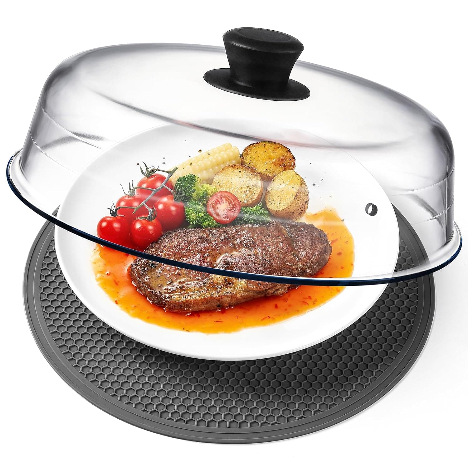 2 in 1, Glass Microwave Splatter Cover for Food & Microwave Place Mat, Plate Splatter Guard Lid with Easy Grip Silicone Handle Knob, Borosilicate Glass with Vent Hole, Food Grade, No Plastic, 10in