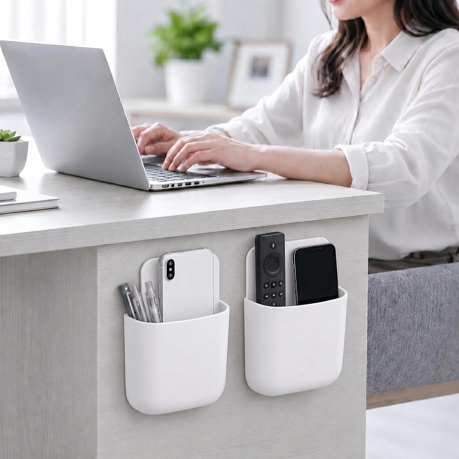 2 Pack Remote Control Holder, No Drill Self-Adhesive Wall Mount Pen Pencil Organizer, Bedside Desk Phone Charging Storage Containers for Office Home Supplies, White