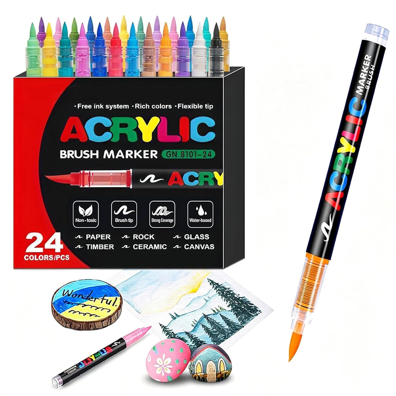 Bonore 24 Colors Acrylic Markers, Soft Brush Tip for Canvas, Rock & Glass