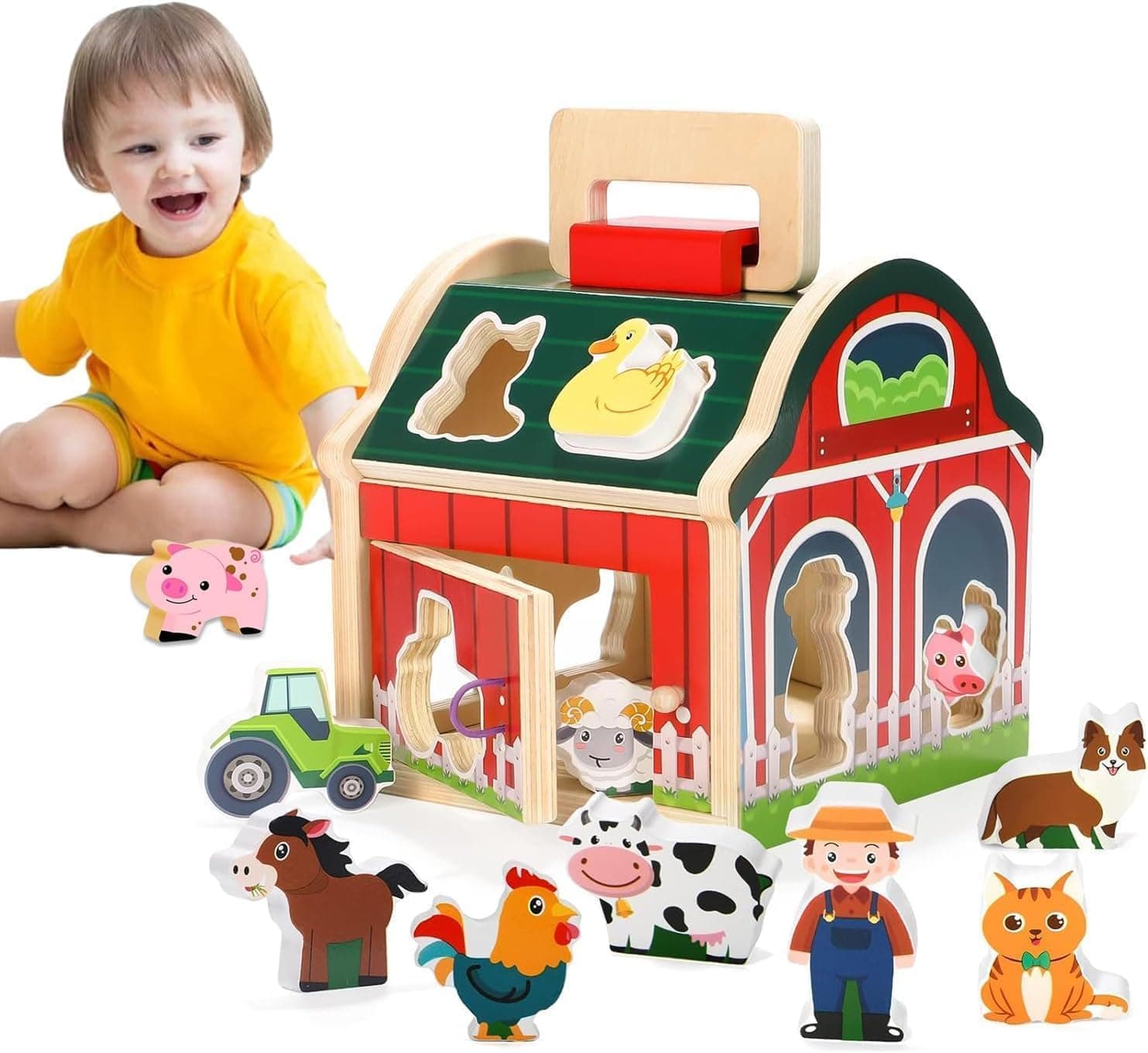 Soofam Wooden Farm Animals Shape Sorter Toys, Take-Along Sorting Barn Toy Farm Pretend Playset with Farmer, Montessori Learning Toys for Fine Motor Games for Toddlers Kids Ages 3 Year Old
