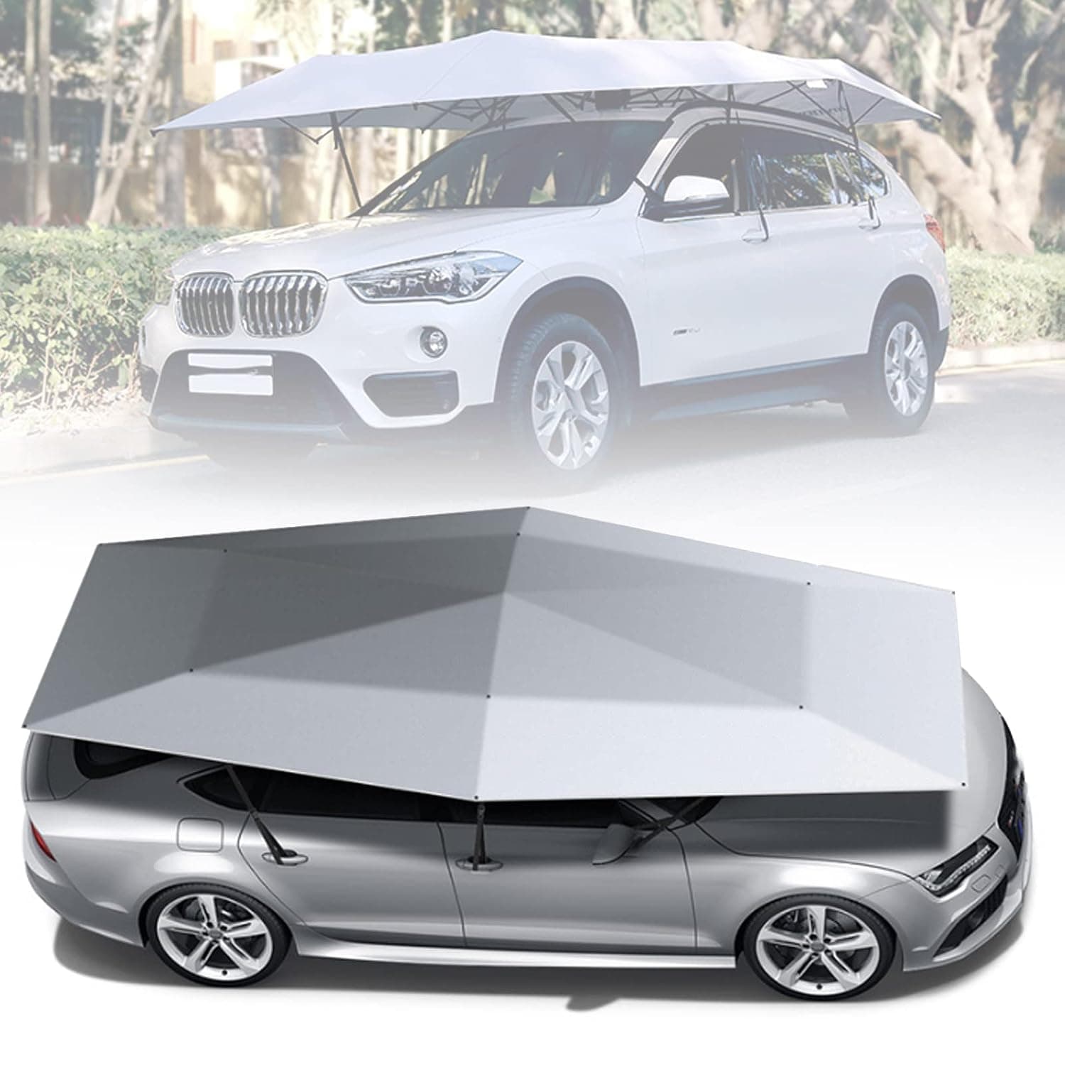 Car Tent Fully Automatic 5.2M Wireless Control Vehicle Umbrella with Removable Charger, Windproof Carport Canopy Sun Shade for SUV, Minivan, Truck,Sliver