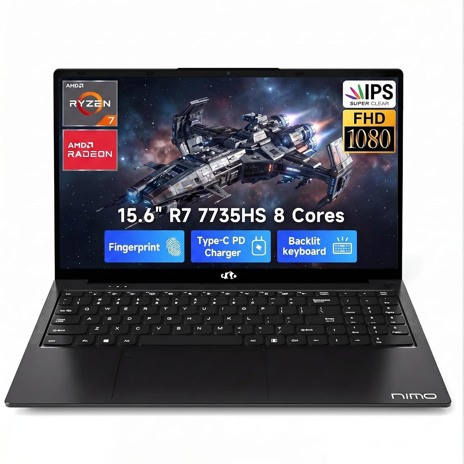 NIMO 15.6" FHD IPS Gaming Laptop, Ryzen 7 7735HS 8 Cores (Up to 4.75GHz) 32GB DDR5 RAM 1TB SSD, Radeon 680M Graphics, 100W Type-C, Backlit Keyboard, Fingerprint Unlock