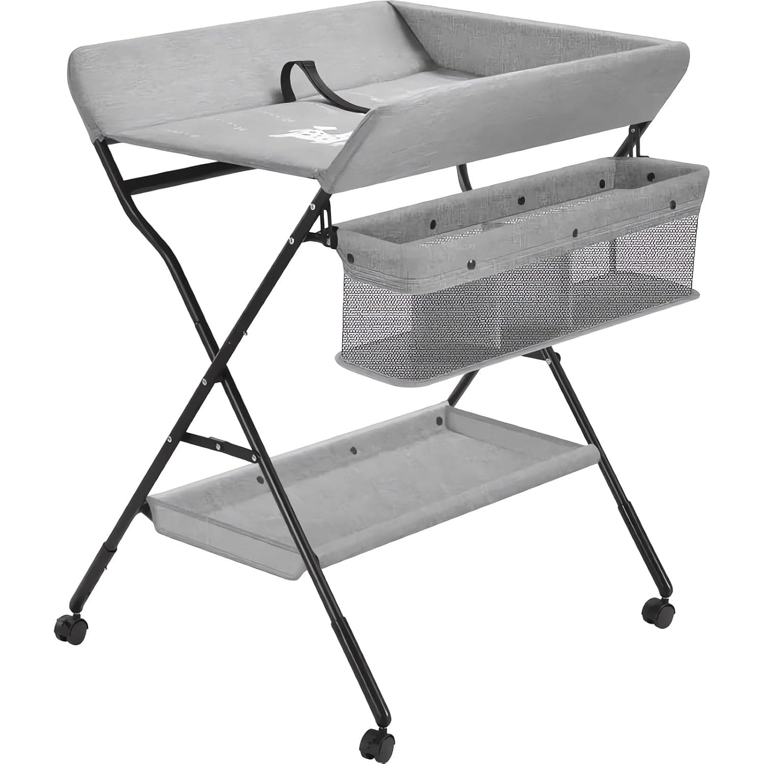 Baby Changing Table with Wheels, Foldable Diaper Changing Station, Waterproof Changing Table with Nursery Organizer and Storage for Newborn and Infant