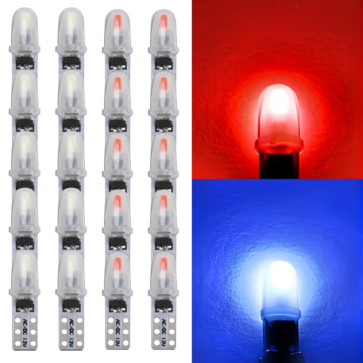 Glass Base Lamp Set of 20, DC 12V T5 LED Bulbs with Screw Cap Base, LED Speedometer Light, Car Light Bulb, Tacho Lamp, Incandescent Signal Lamp (Ice Blue + Red)