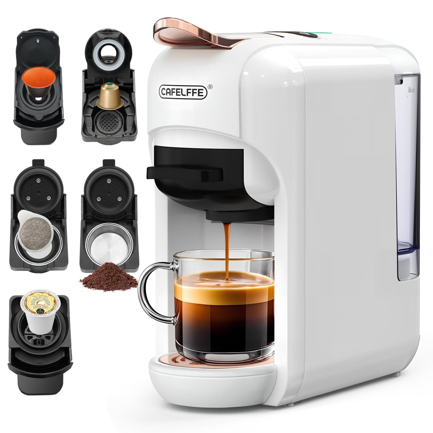 Cafelffe 5in1 Capsule Coffee Machine, Hot Cold Brew Coffee Maker, 19Bar Espresso Machine With 7 Levels Bar Indicators For DG*, Nes*, Kcup and Coffee Powder White