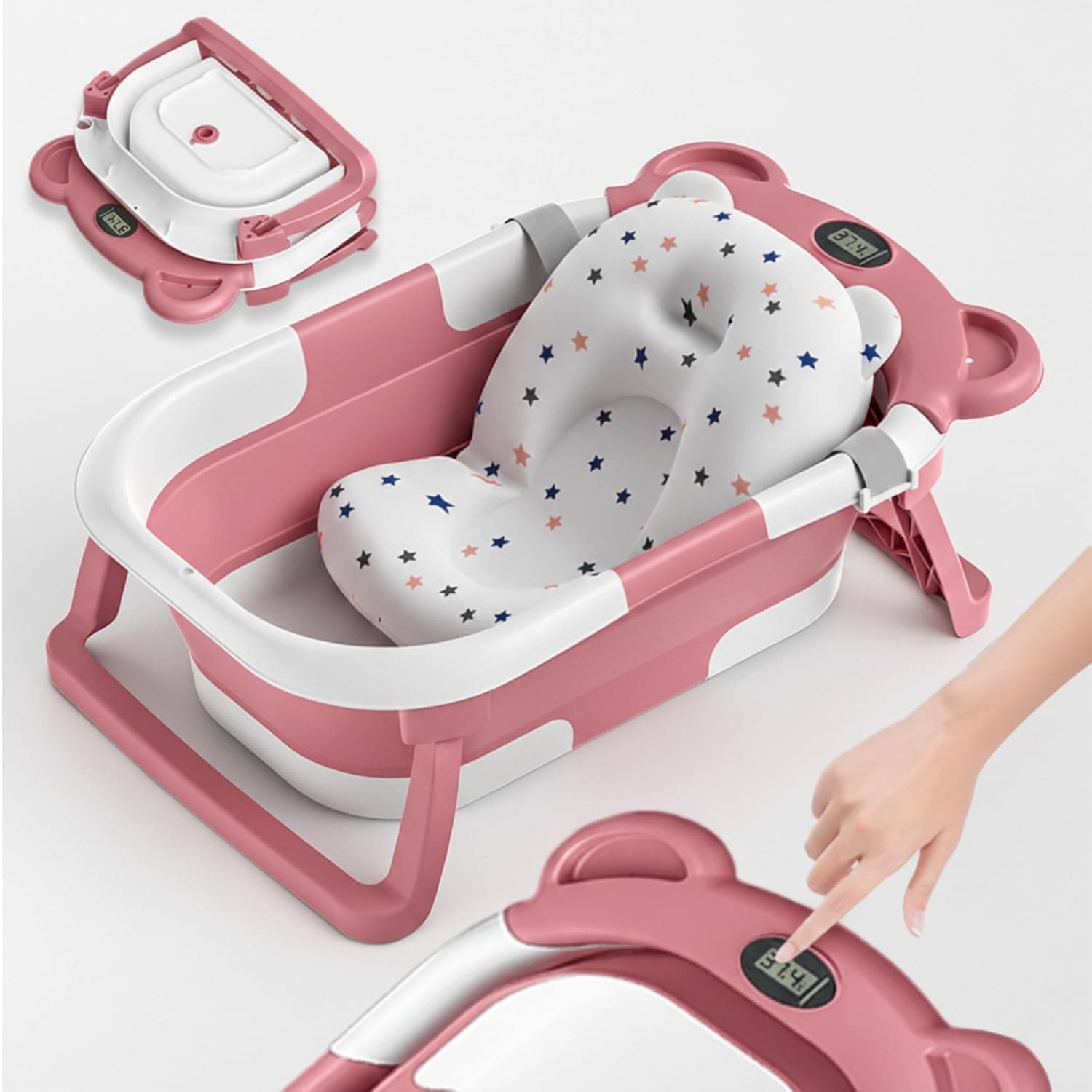 Folding Bathtub with Non-Slip Cushion - XXL Baby Bath Tub Seat and Thermometer - From Birth to 3 Years - Baby Bathtub - Birth Gift for Girls and Boys