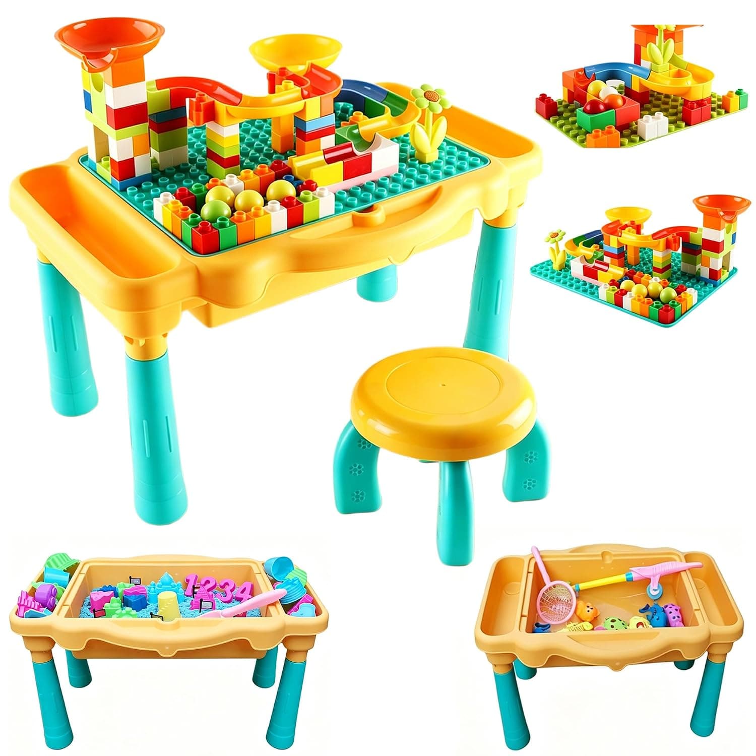 3-in-1 Kids Activity Building Block Play Table with Stool, Multi Purpose Building Block/Space Sand/Fishing Game Play Table, Play Sand Art Kit, Toddler Learning Play Desk,Gift for Boys Girls Age 3+