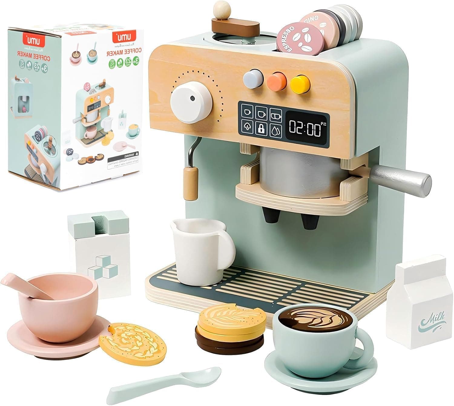 U HOOME Wooden Toy Coffee Maker for Kids Wooden Kitchen Accessories Pretend Play Toddler Coffee Playset for Girls Boys Ages 3 4 5 Years Birthday Gifts