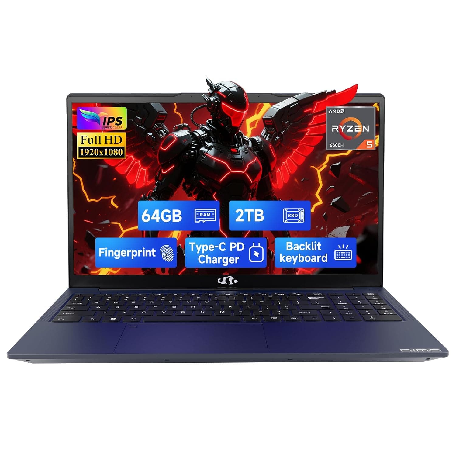 NIMO 15.6" IPS FHD-Gaming-Laptop, 8 Cores Ryzen 7 6800H 64GB DDR5 RAM 2TB SSD (Beat i7-12700H, Up to 4.7GHz) Radeon 680M GPU-Computer with 100W Type-C Backlit Keyboard, Fingerprint