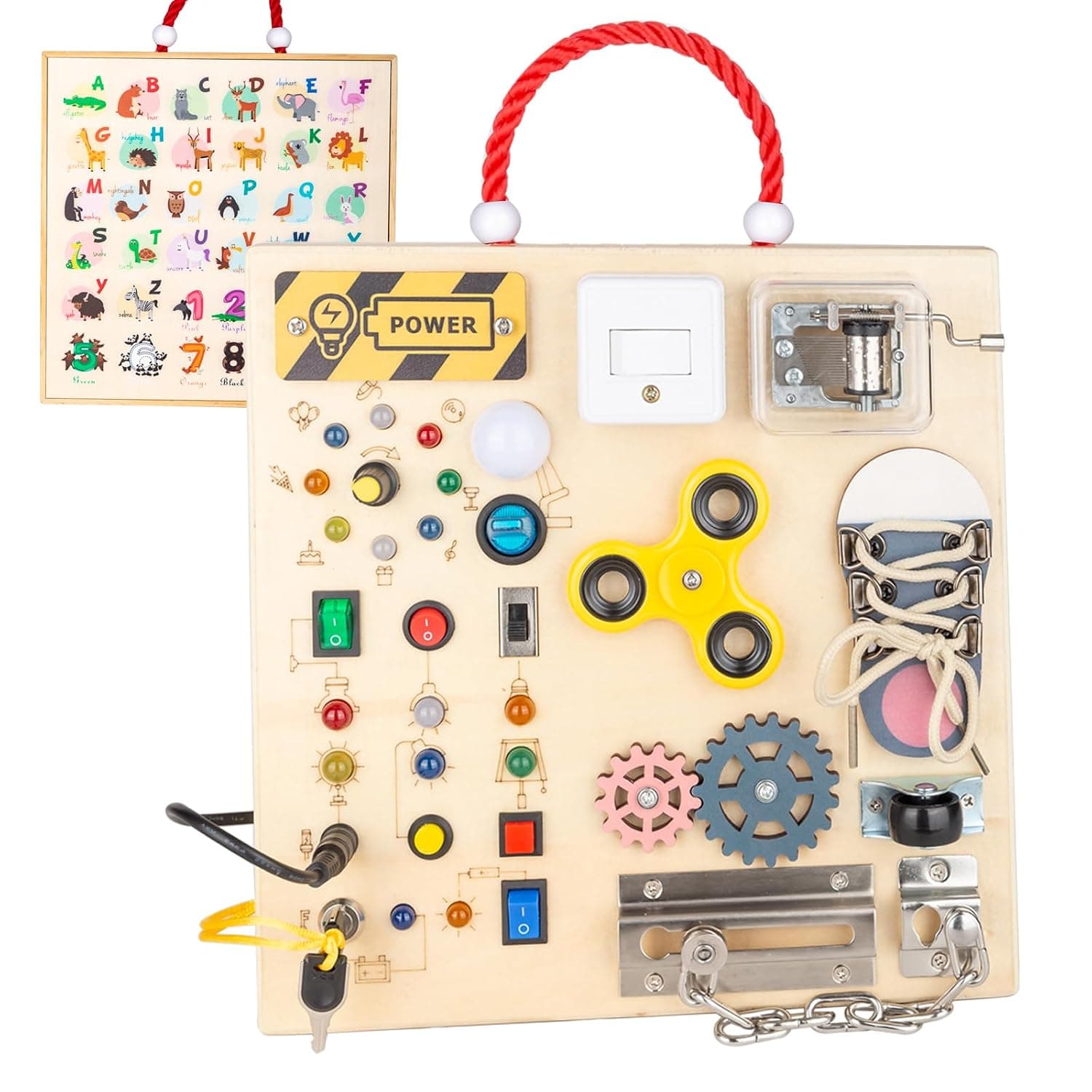 XICEN Montessori Wooden Busy Board Toys,Toddler Sensory Educational Fidget Board Travel Toy with LED Light Up Switches Music Boxes, Locks for 1 to 6 Year Kids Gifts