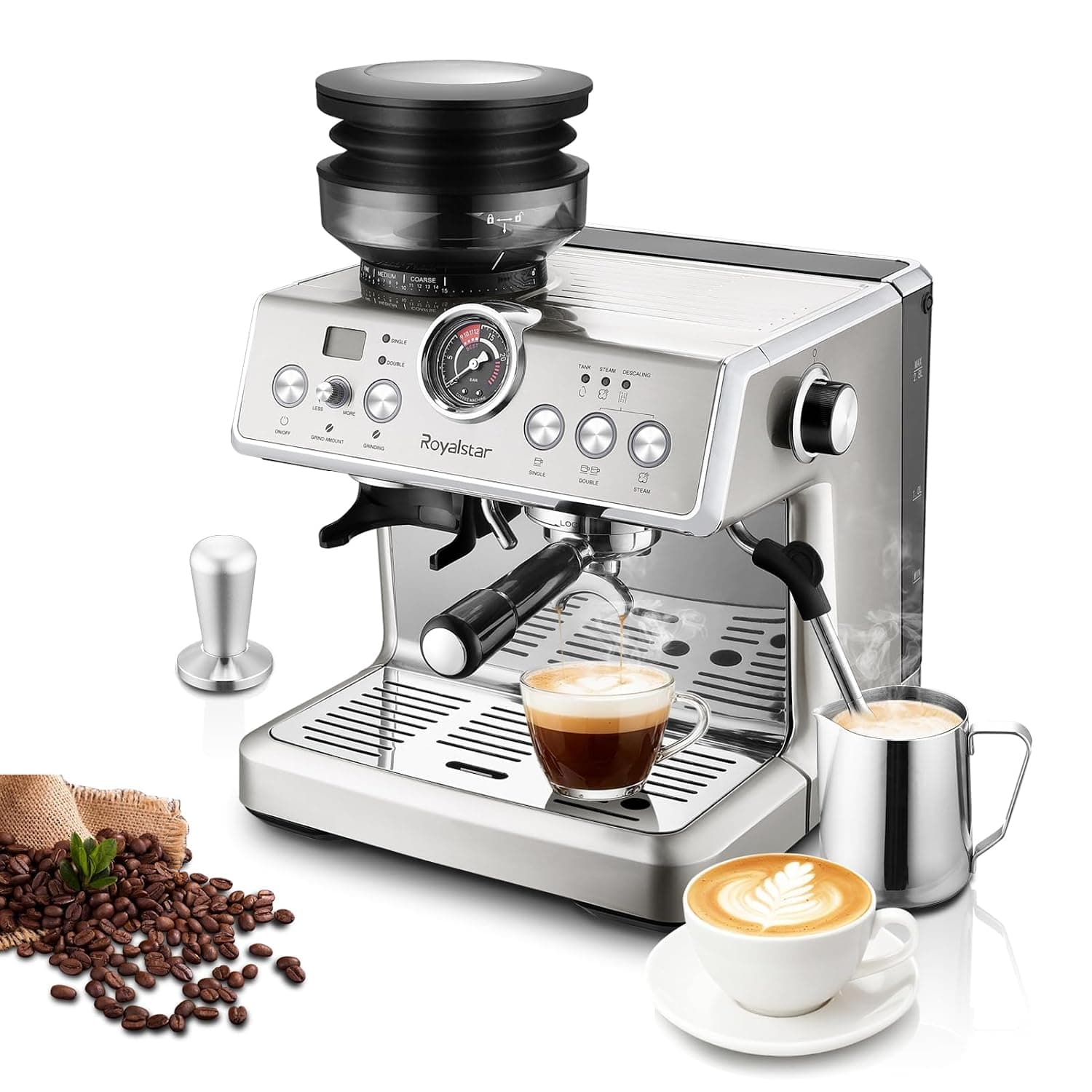 ROYALSTAR 20-Bar Semi-Automatic Coffee Machine with Grinder Setting and Milk Frother, Stainless Steel,PID Temperature Control, Ideal Coffee Maker for Espresso Cappuccino at Home and Office