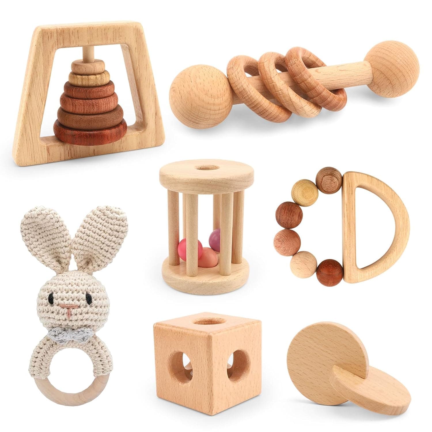 Wooden Baby Toy for Babies 18-36 Months,Montessori Toys for Baby Boys Girls, Wooden Rattles Toy Set for Infant Grasping, Sensory Development