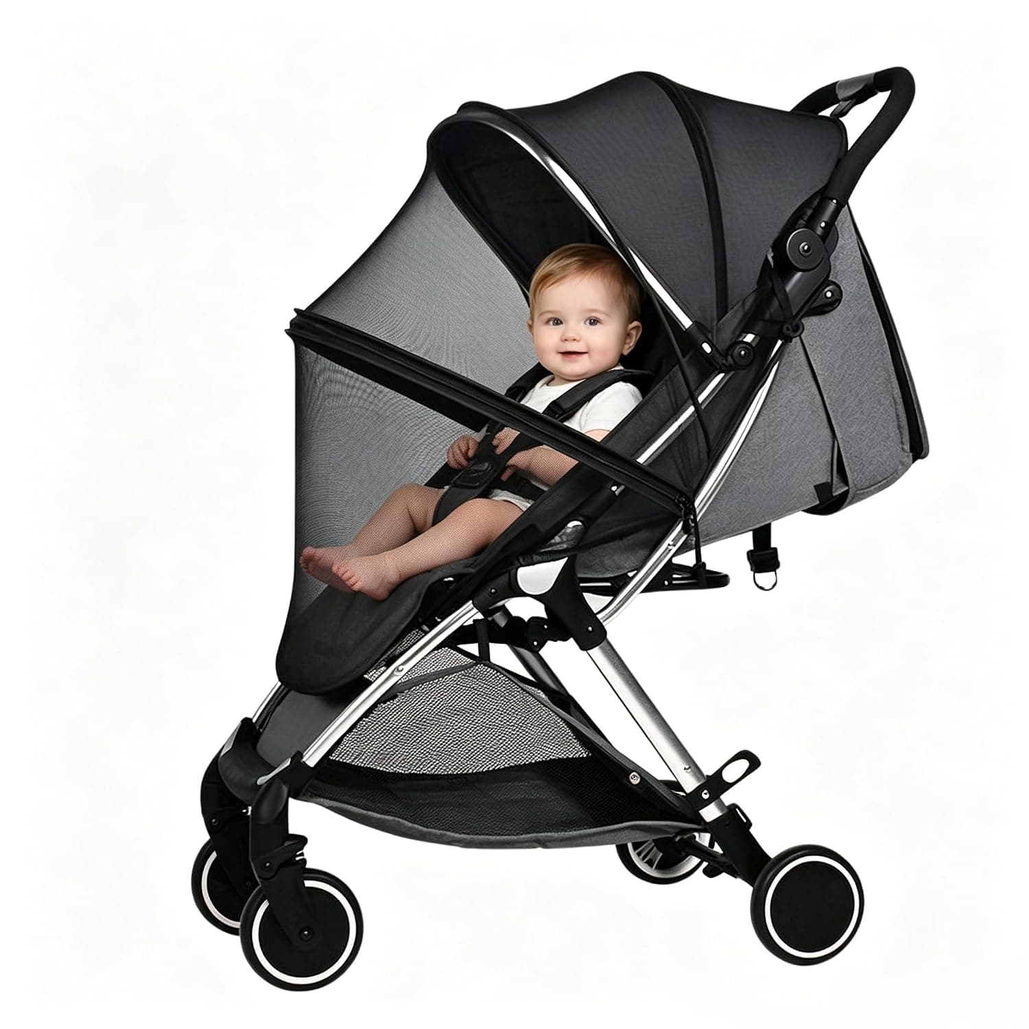 Baby 2 in 1 Stroller Net Sun Shades with Zipper Window, Universal Breathable Travel Walking Outdoor See Through Beach Parasol Windproof Protective Cover for Car Seats, Bassinets and Carriers