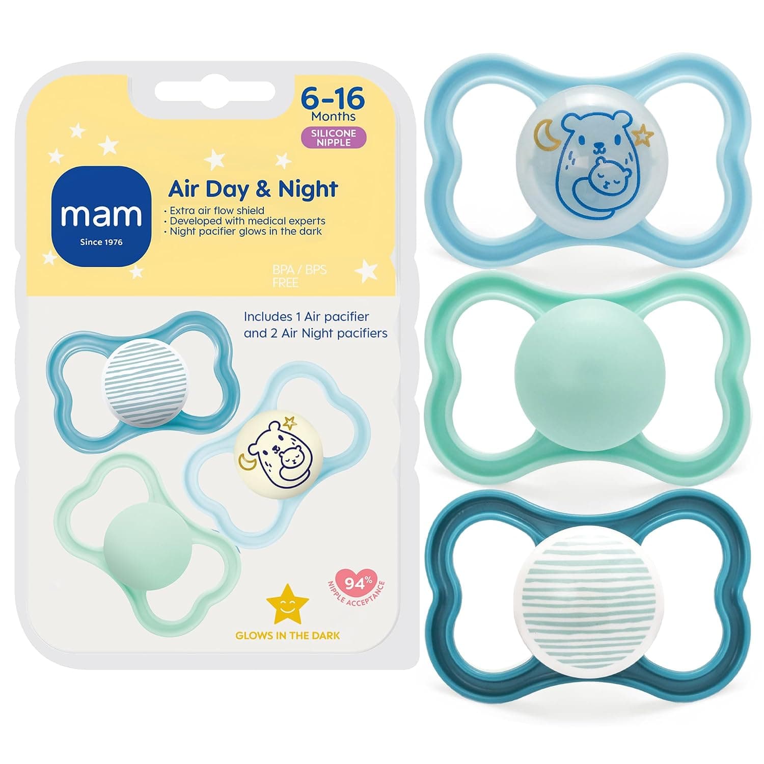 MAM Air Day & Night Baby Pacifier, for Sensitive Skin, Glows in The Dark, Boy, 6-16 Months (Pack of 3)(Packaging may vary)