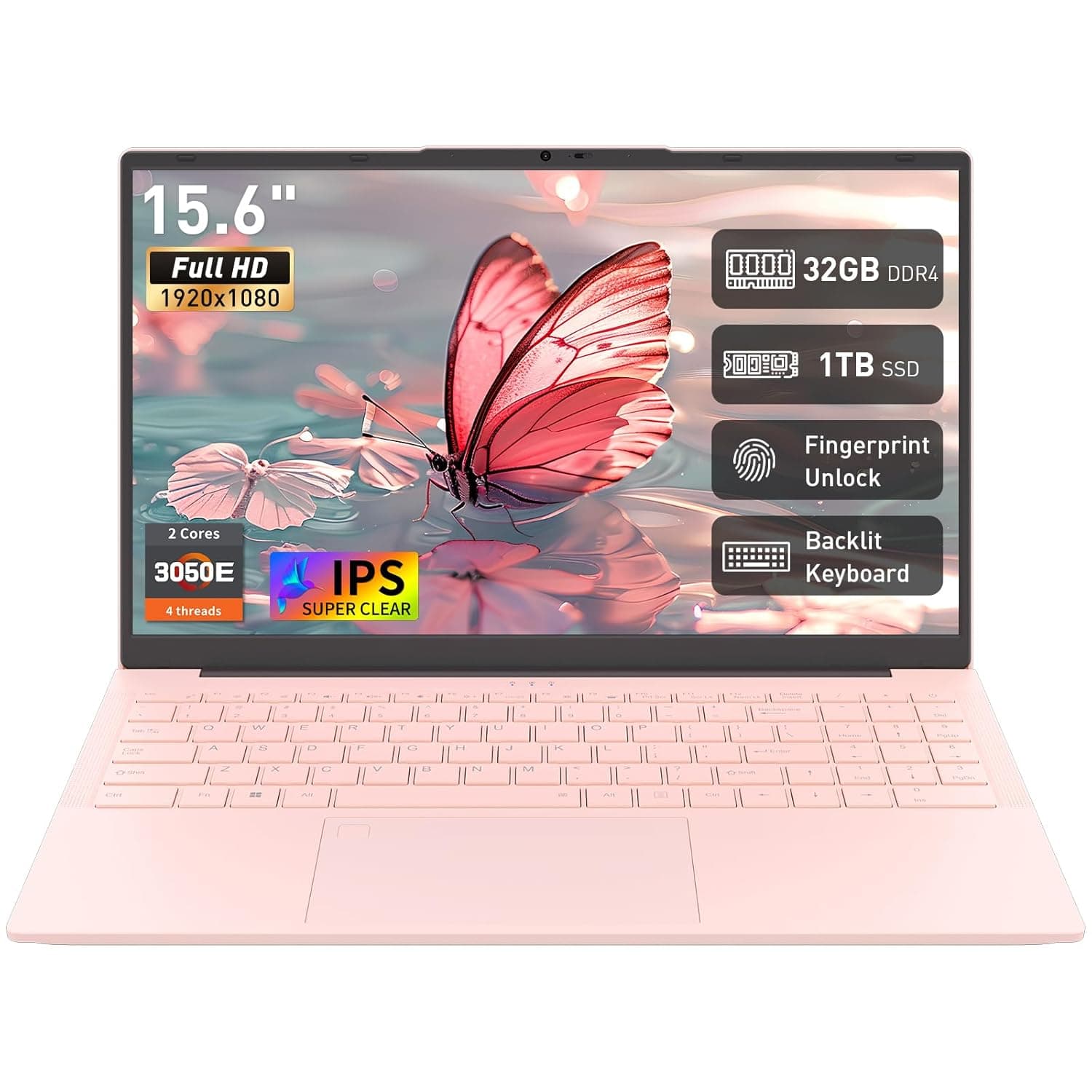 Auusda 15.6" FHD Laptop, Athlon Silver 3050E Processor, 32GB DDR4 RAM, 1TB SSD, WiFi 5/ USB 3.0/ Type-C/HDMI, Win 11 Pro, IPS Thin and Light Computer Notebook for Work, Study and Entertainment, Pink