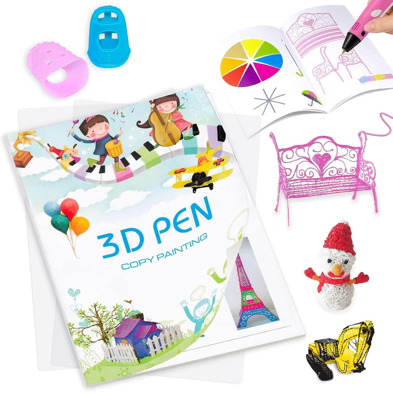 3D Pen Printing Drawing Book, Template Book, 40 Reusable Thick Paper Patterns with 2 Clear Plates, DIY Stencils for 3D Printing and Drawing, Kids Art Crafts Gift, Includes Finger Caps