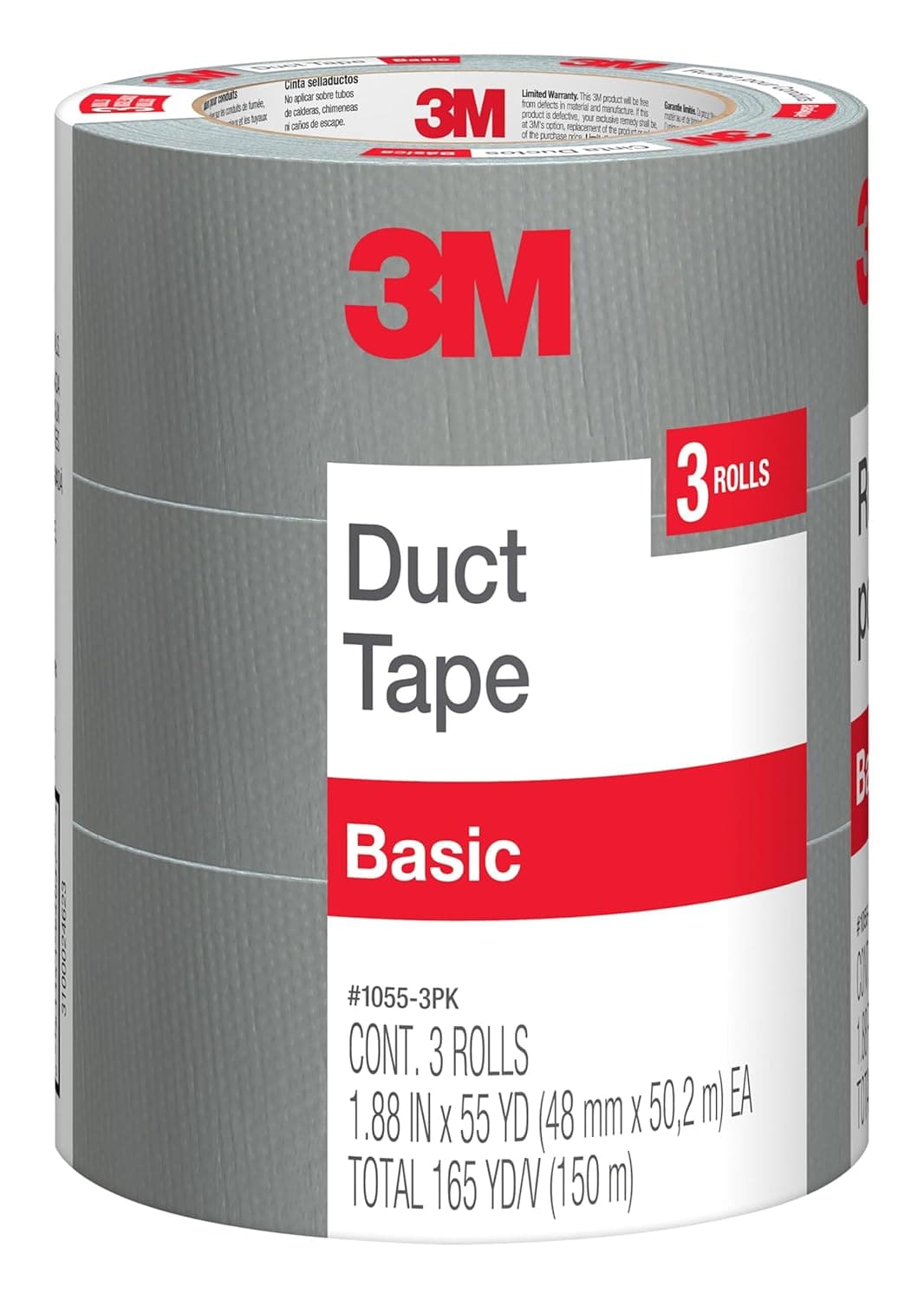 3M Basic Duct Tape, 1055-3PK, 1.88 inch by 55 yards, 3 rolls | Hand Tear Silver Duct Tape for Temporary Repairs, Indoor Use, Great for Bundle, Patch, Protect & Repair (1055-3PK)