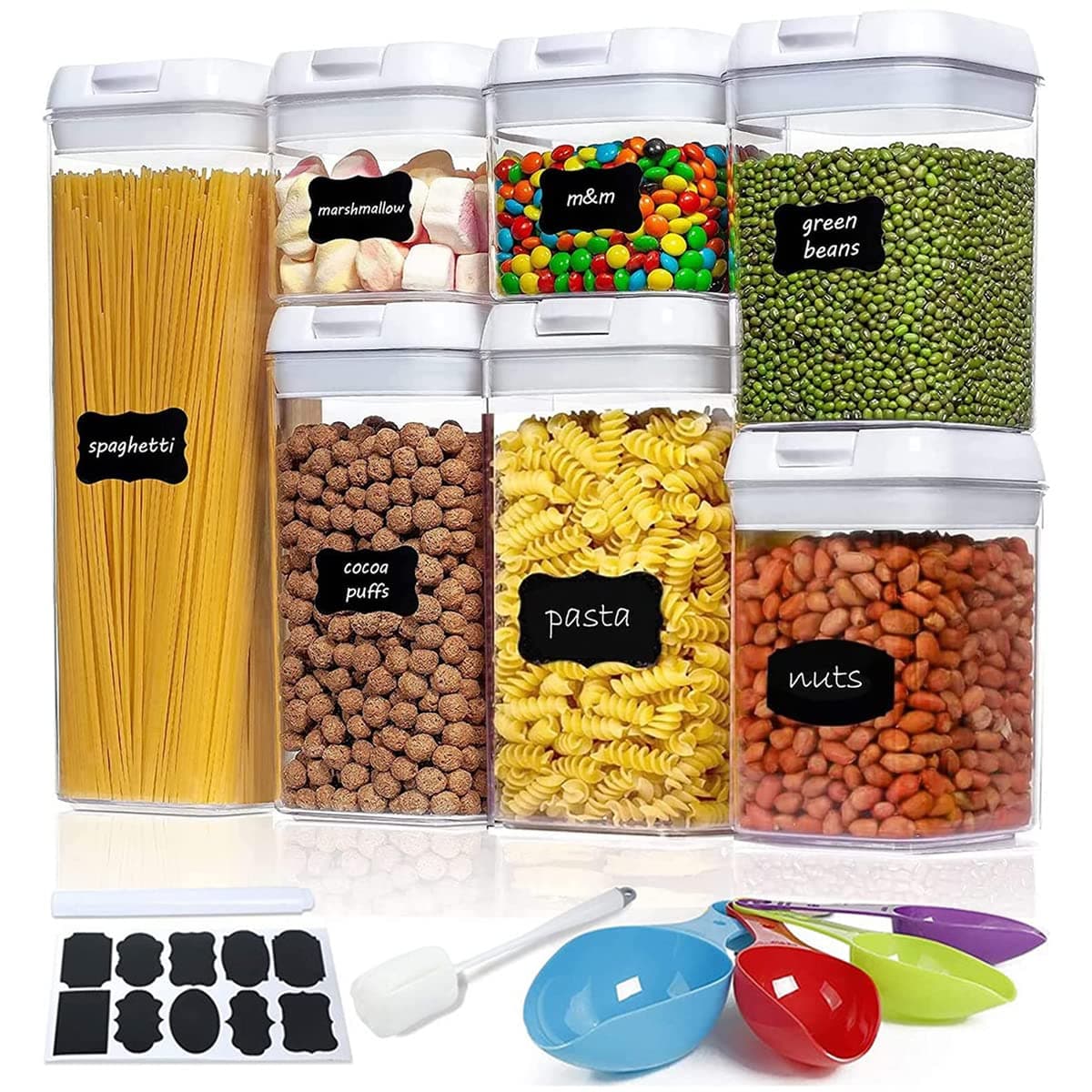 ALMEKAQUZ 7-Pack Airtight Food Storage Containers Set,PP Grain Containers With Easy Lock Lid,Kitchen And Pantry Organizers For Dry Food,Pasta And Sugar,With Stickers,With Spoon (7-Pack)