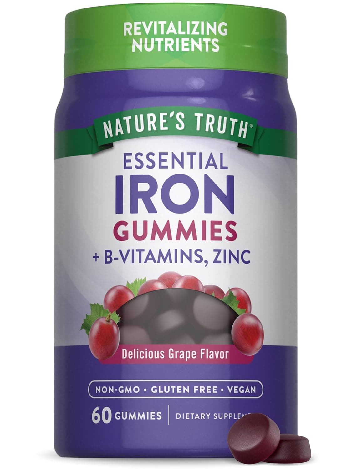 Iron Gummies | 60 Count | Vegan, Non-GMO & Gluten Free Supplement | with Zinc & B Vitamins | Grape Flavor | by Natures Truth | Vegan, Non-GMO & Gluten Free Supplement | with Zinc & B Vitamins | Grape Flavor
