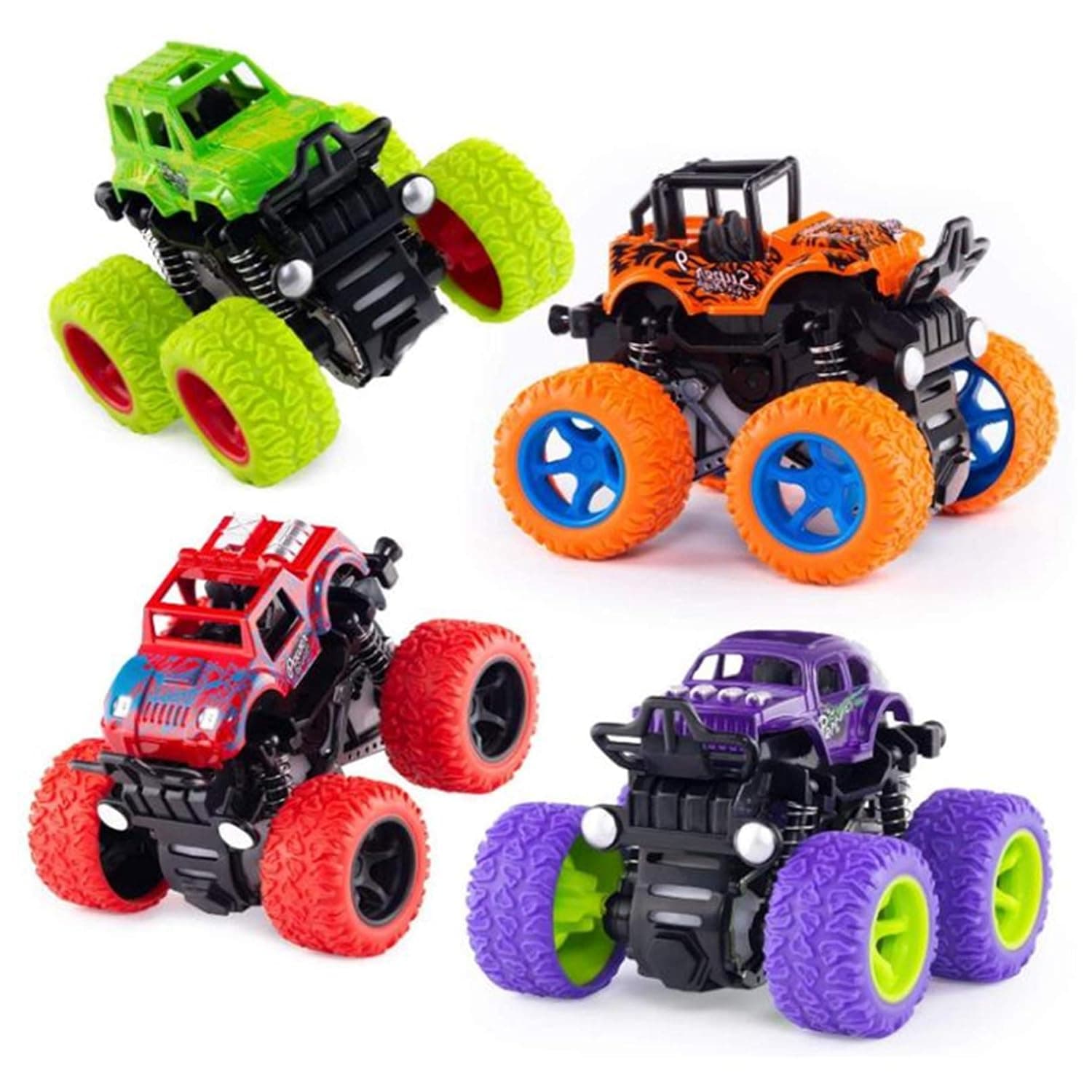 SCIENISH 4 pack monster truck toys for boys and girls, inertia car educational toy cars, friction powered push and go toy cars, christmas gift birthday party supplies for toddlers kids (4 color)