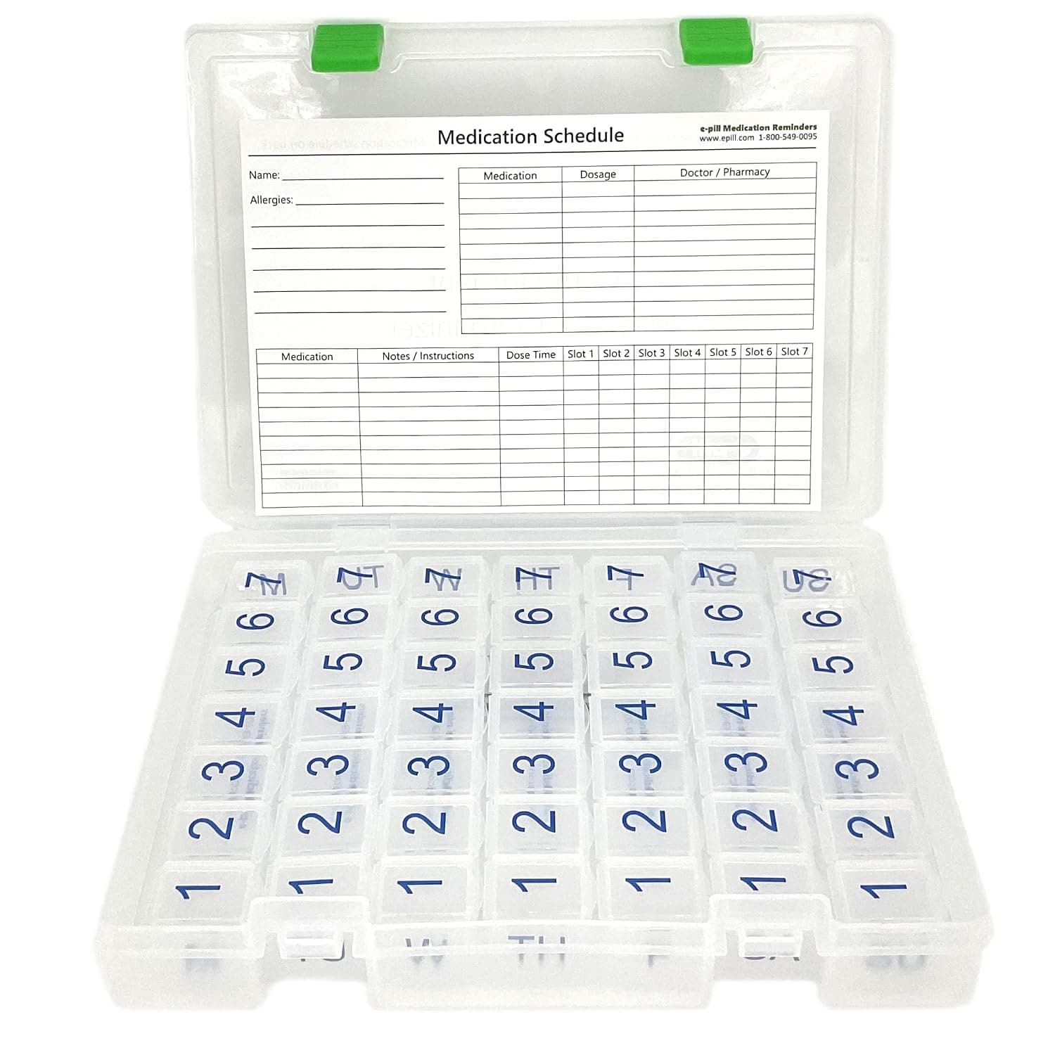 e-Pill Weekly Pill Organizer – 7 Times a Day x 7 Day Pill Box with Magnetized Medication Chart, Dry Erase Pen & Clear Storage Case for Prescription Medications, Vitamins & Supplements