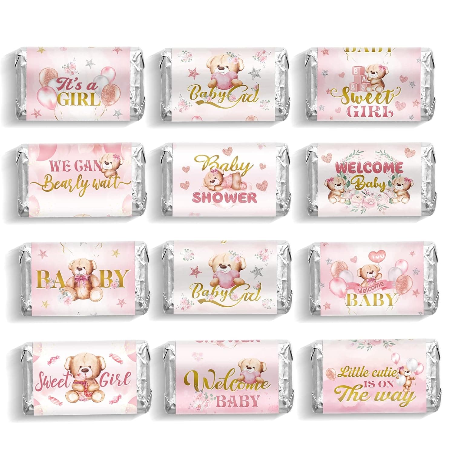 Baby Shower Candy Wrappers, Shower Mini Candy Bar Miniatures Wrappers Chocolate Bar Label Stickers for Boys Girls Kids Baby Shower Decor (No Candy)(Pink Bear, 90 Pieces)