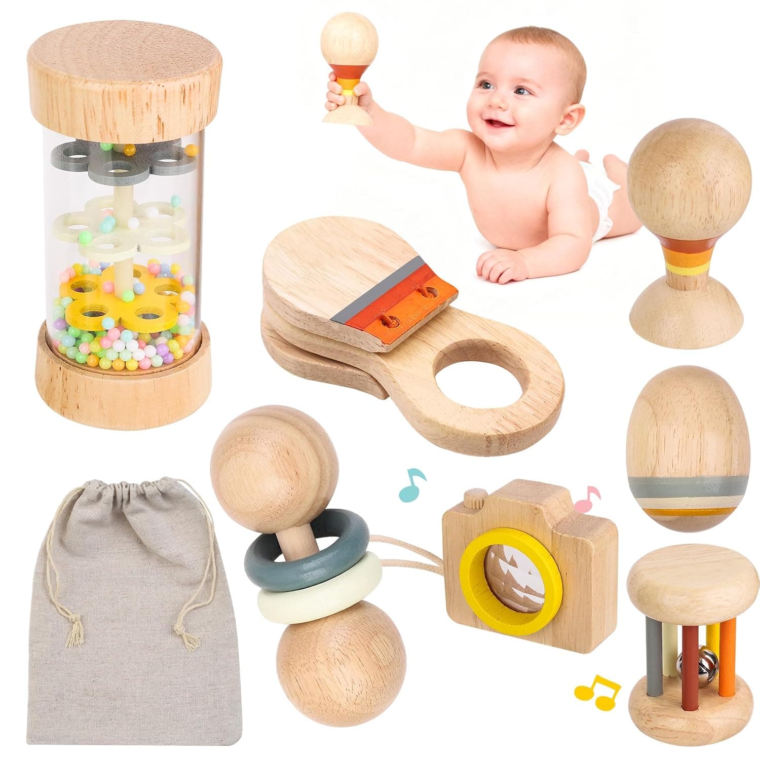 Montessori Wooden Rattles Set for Babies 7 Pieces - Sensory Toys 0+ with Rain Stick, Rattles and Wooden Camera - Baby Shower Gift Idea