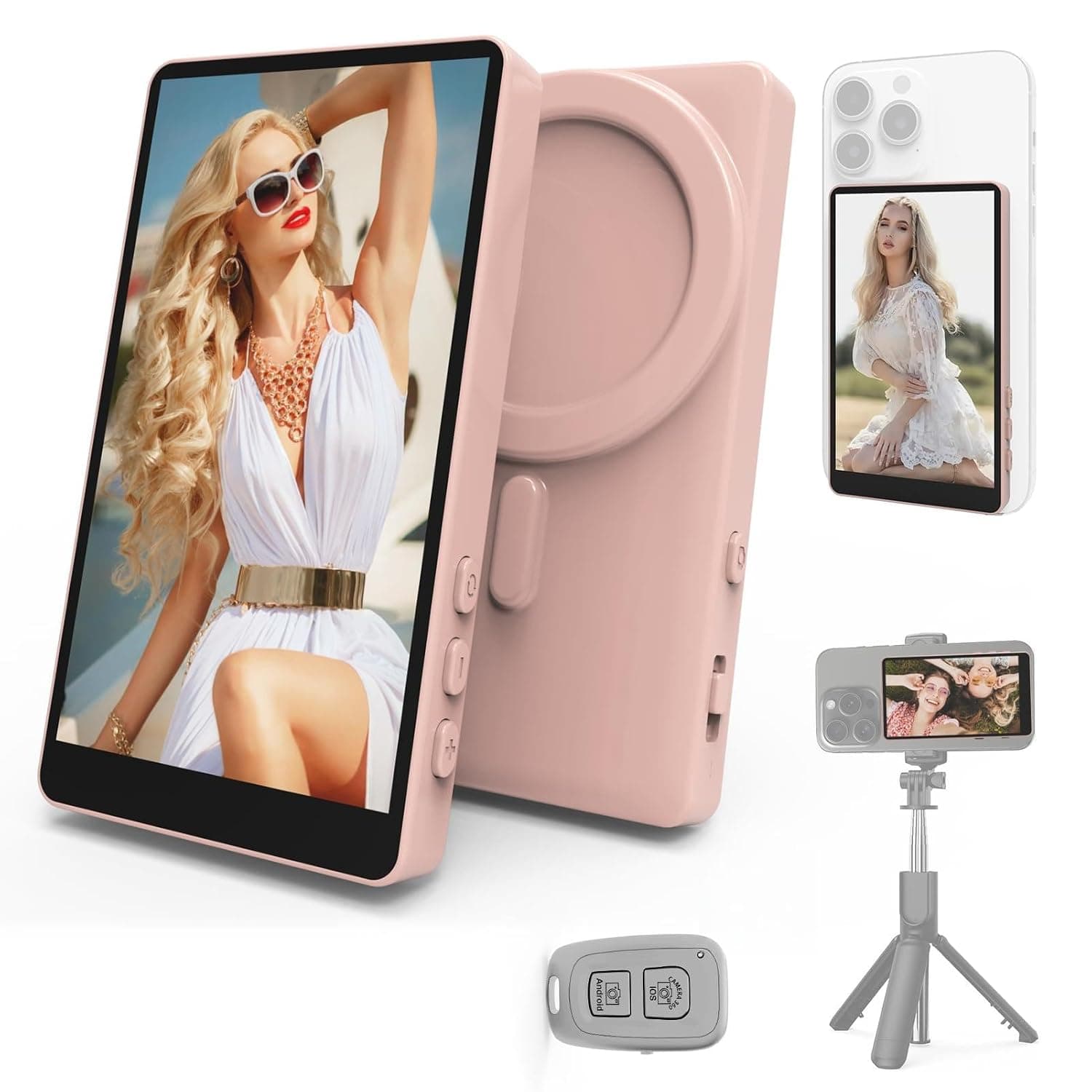 Selfie Monitor Screen, Vlog Magnetic with Remote Control, 1080P Wireless Screen Mirroring Video Recording for Android iOS, for Content Creator, Live Stream & TikTok (Pink)