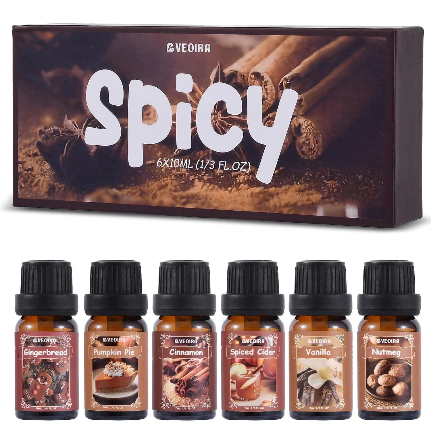 Spice Fragrance Oils Set, AVEOIRA Fall Essential Oil Set for Diffuser, Candle, Soap Making, Nutmeg, Pumpkin Spice, Vanilla, Cinnamon, Spiced Cider, Gingerbread, Scented Oils, 6x10ml