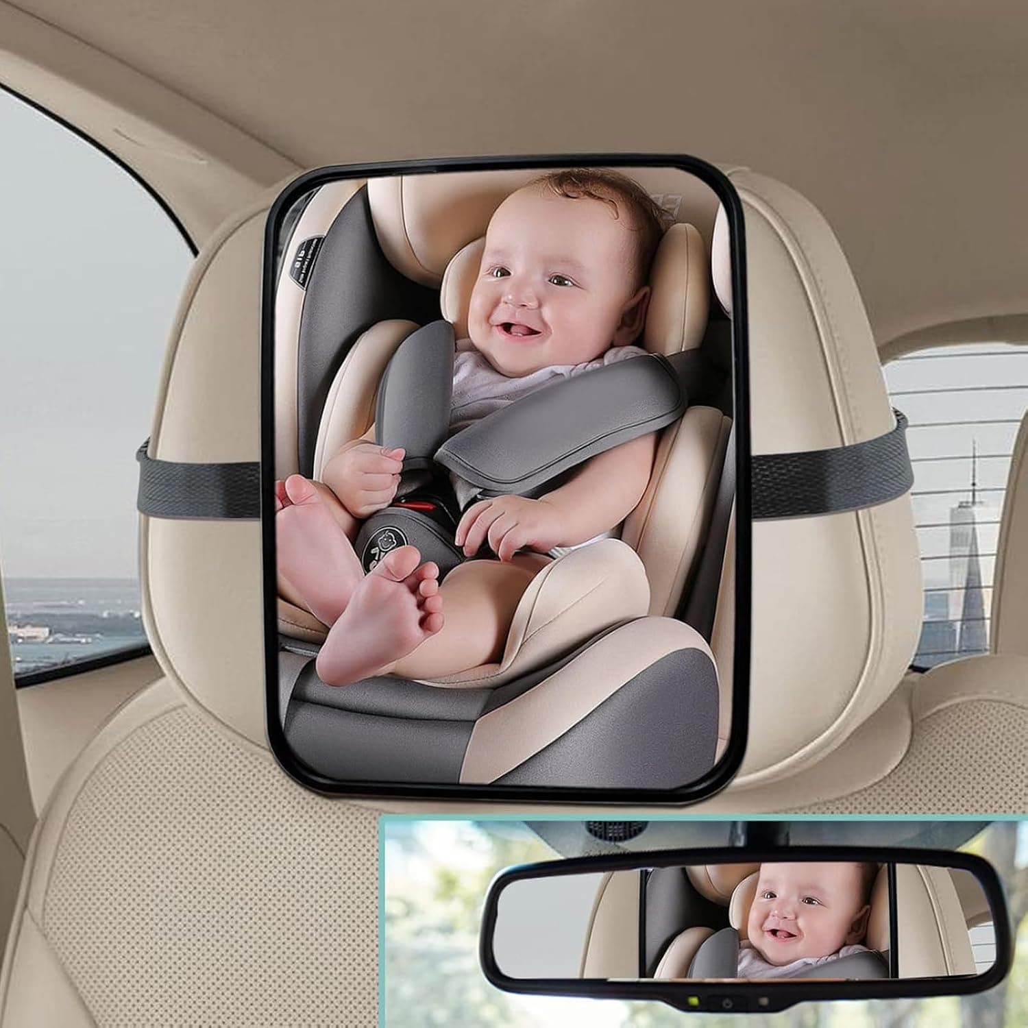 Baby Car Mirror, Babies Rear View Mirror for Car Back Seat, Adjustable Straps, See Infant in Vehicle for Most Cars & SUVs