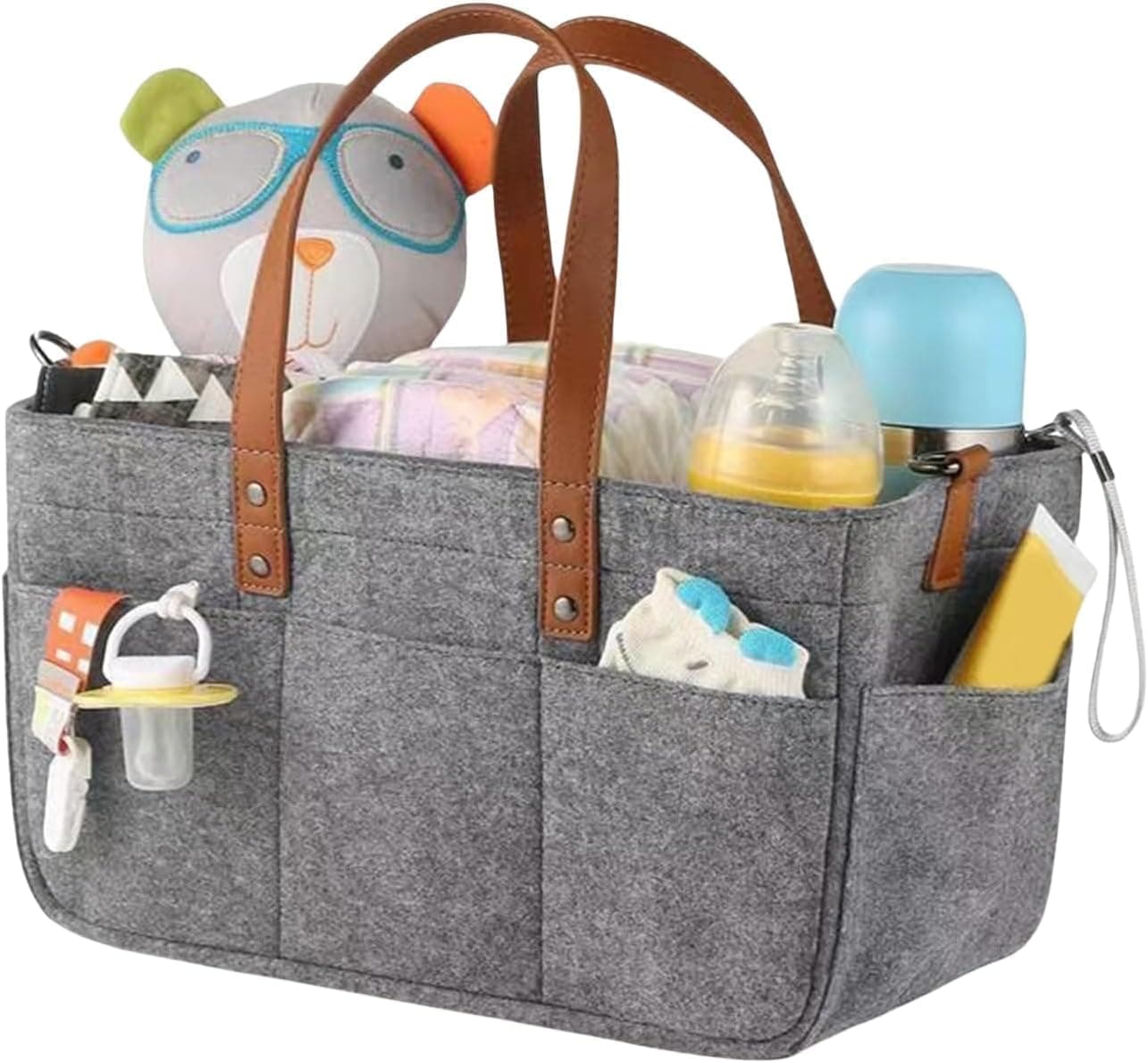 Bukela Diaper Bag, Nappy Caddy with Leather Handle, Baby Organizer for Diapers & Wipes, Portable Nursery Basket for Changing Table, Car Storage with Zipper Lid, Travel Essential