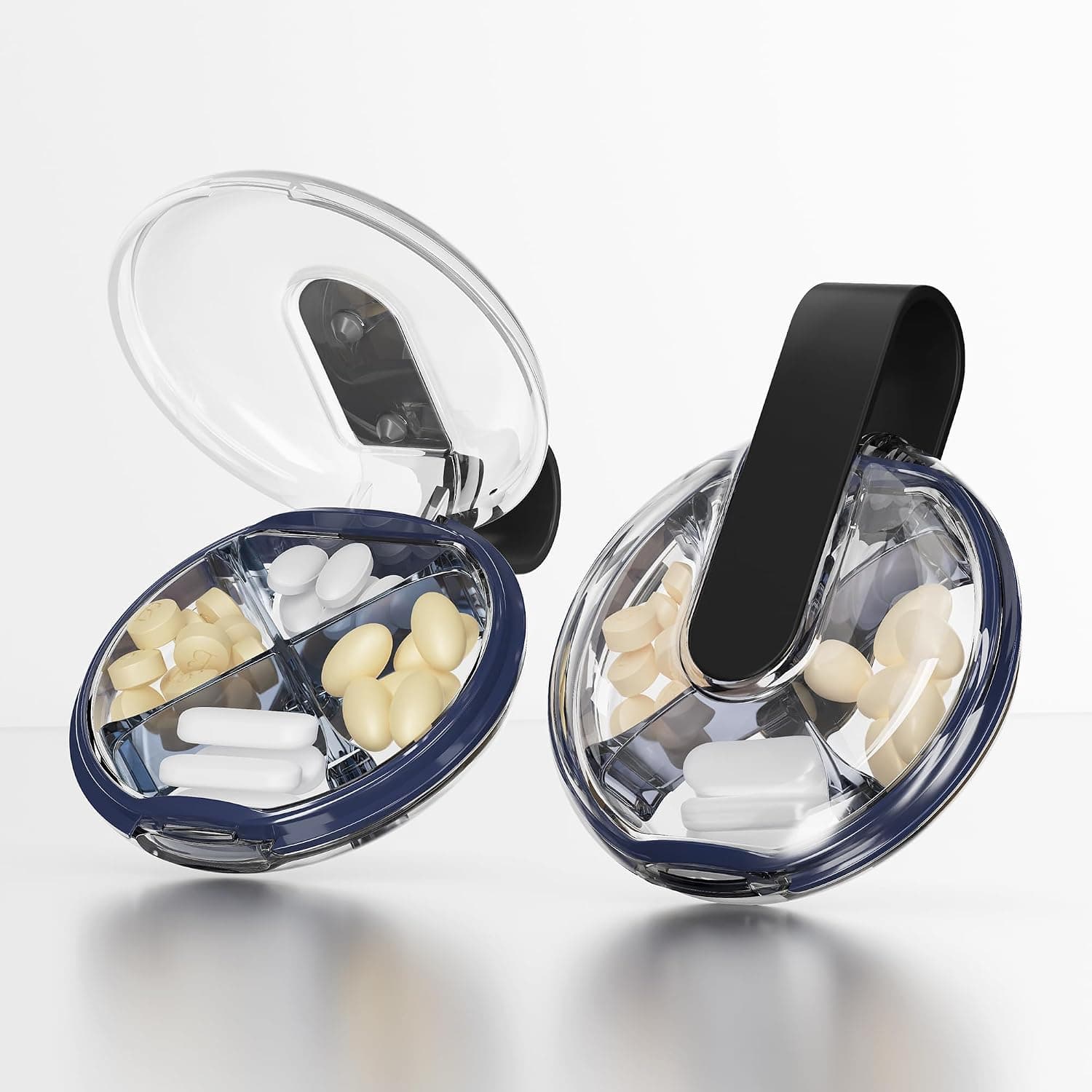 Easy Grip Round Small Pill Organizer, 4 Compartment Travel Case Compact Pill Box with Strap, Portable and Moistureproof Travel Pill Organizer, Black